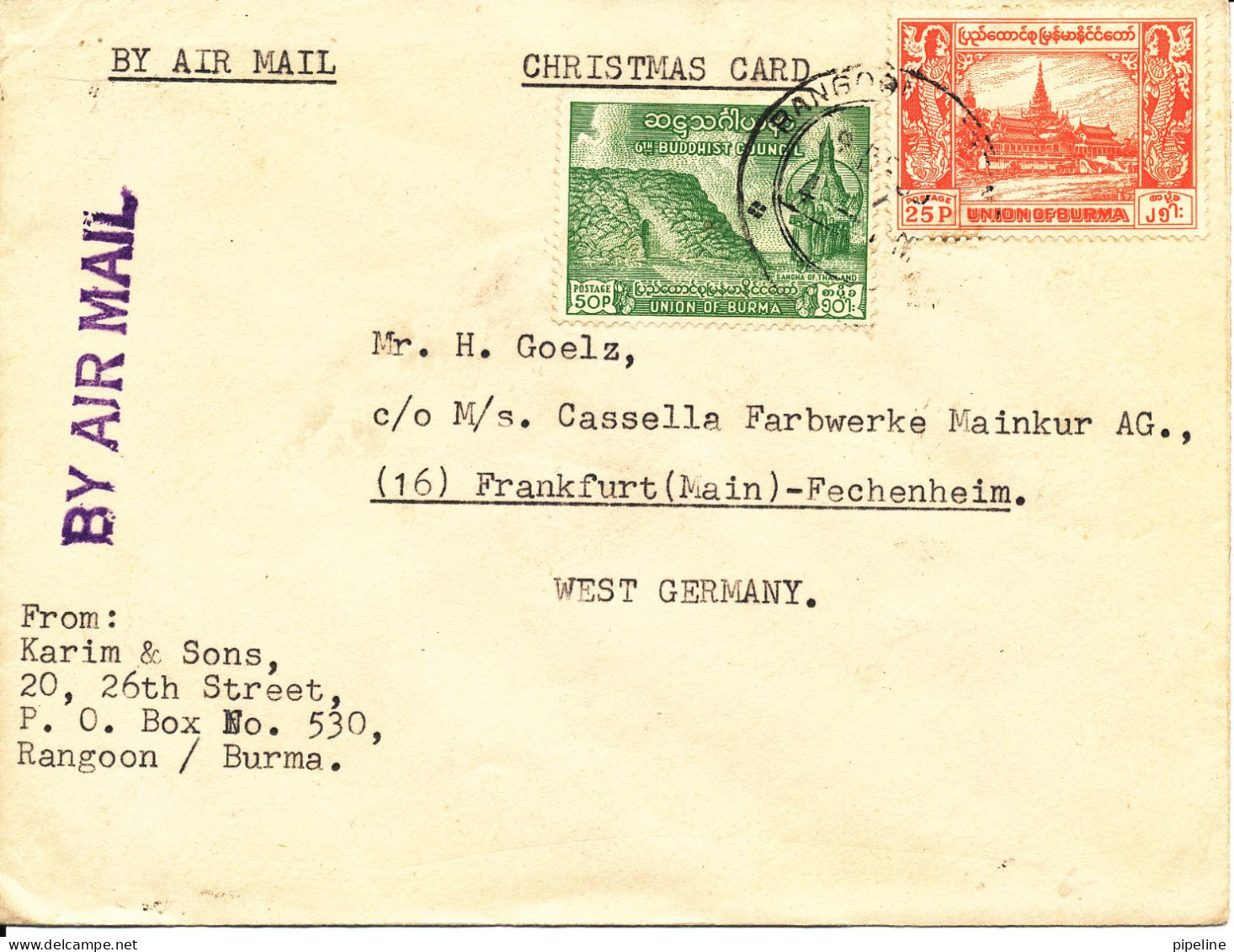 Burma Cover Sent Air Mail To Germany 195? Nice Cover - Myanmar (Birmanie 1948-...)