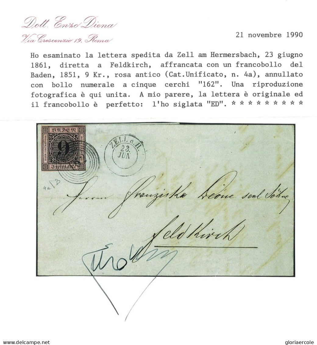 P2866 - BADEN MI. 4A FROM ZELL AM HARMERSBACH 1861TO FELDKIRCH SUPER LUXUS PIECE, 4 MARGINS DR. ENZO DIENA CERTIFICATE - Briefe U. Dokumente