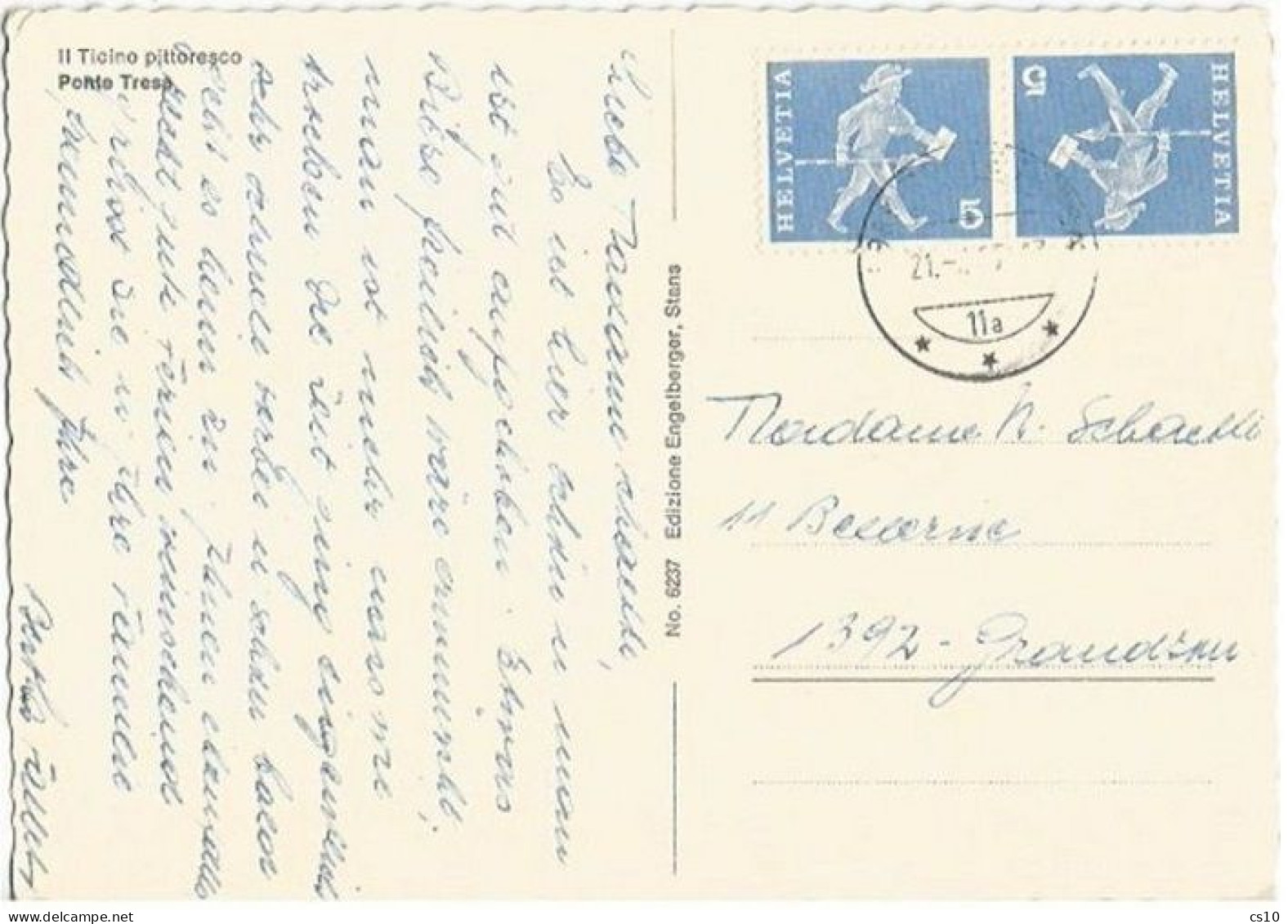 Suisse Tete Beche C.5+c.5 Postman NORM K45 Simple Franking Pcard Ponte Tresa 21jul1967 - Marcophilie