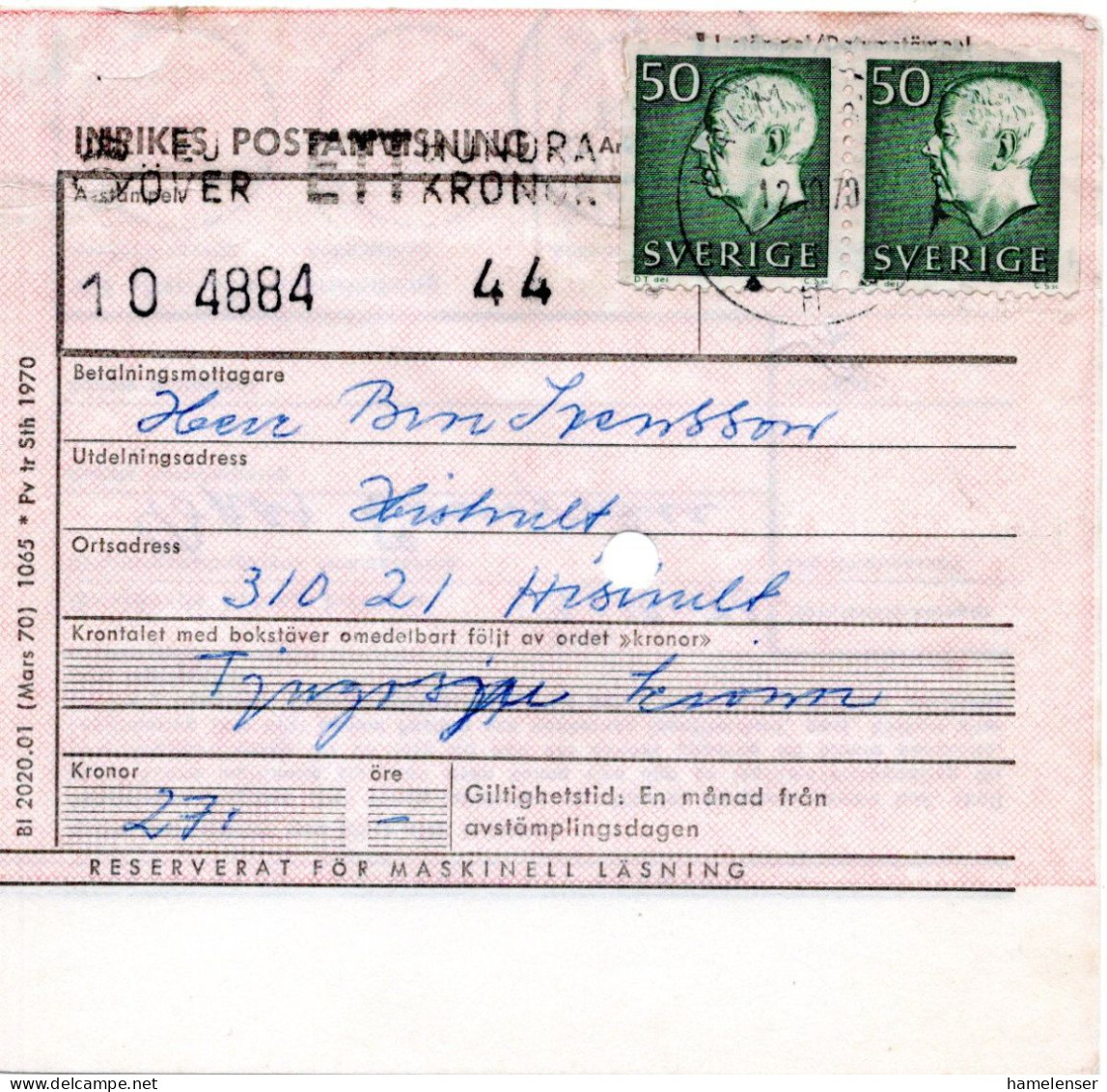 76602 - Schweden - 1970 - 50o. Gustav Paar A Postanw HALMSTAD -> HISHULT - Briefe U. Dokumente