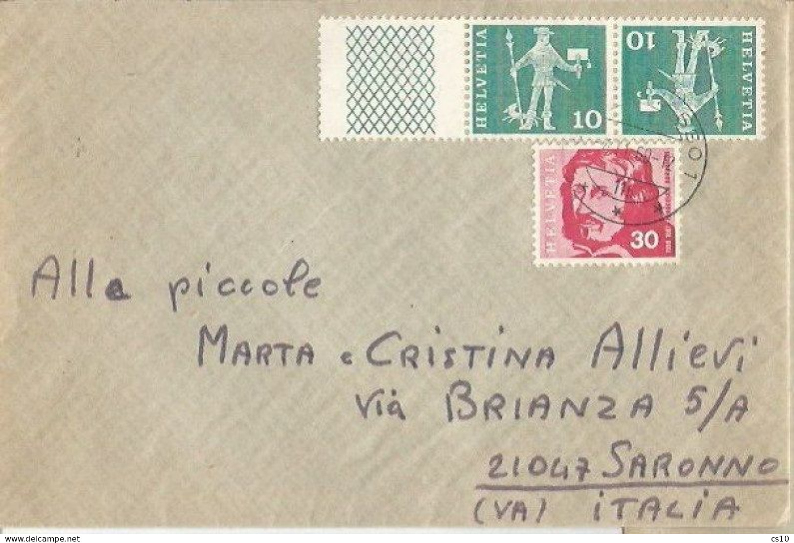 Suisse Tete Beche C.10+c.10 Postman FLUO S64L + Borromini C.30 Franking CV Chiasso 7nov1969 X Italy - Kopstaande