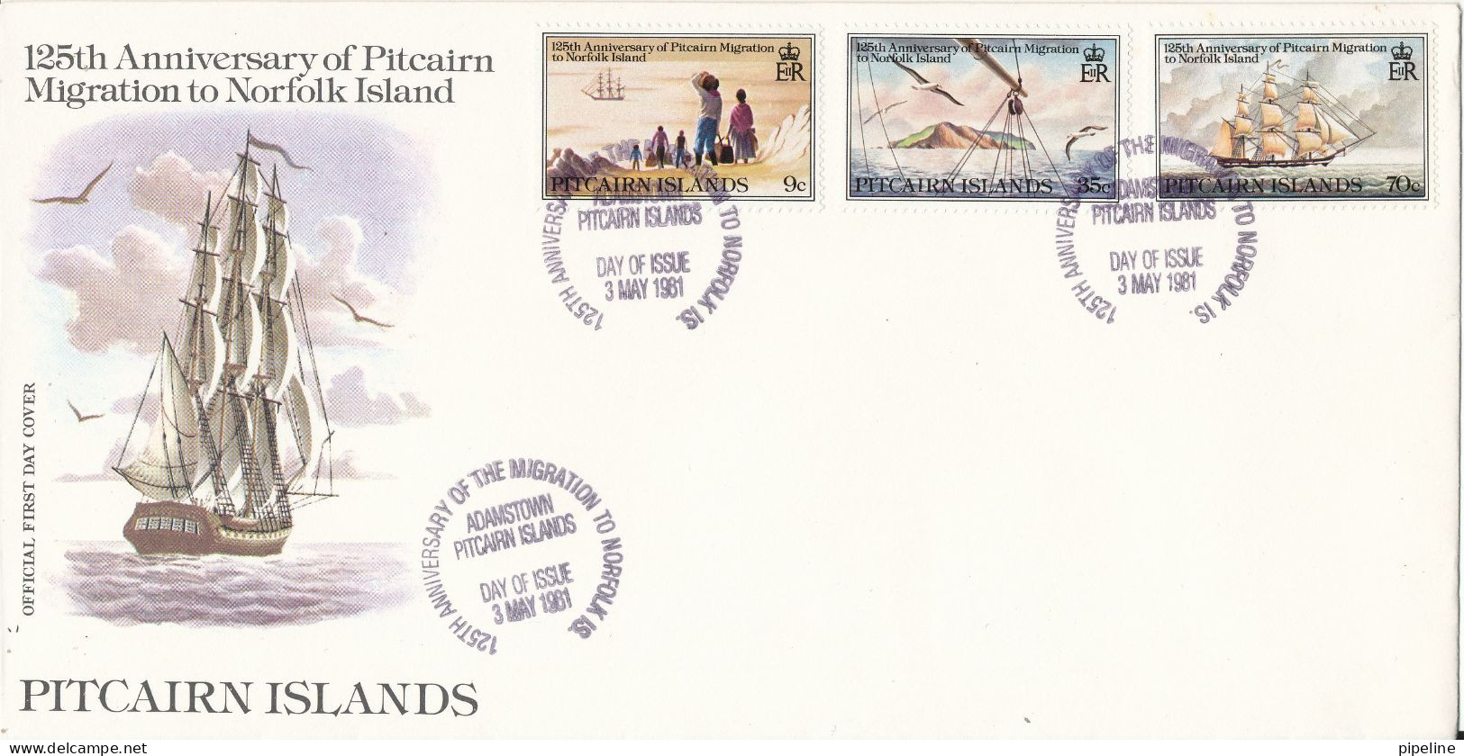 Pitcairn Islands FDC 3-5-1981 125th Anniversary Of Pitcairn Migration To Norfolk Islands Complete Set Of 3 With Cachet - Pitcairninsel