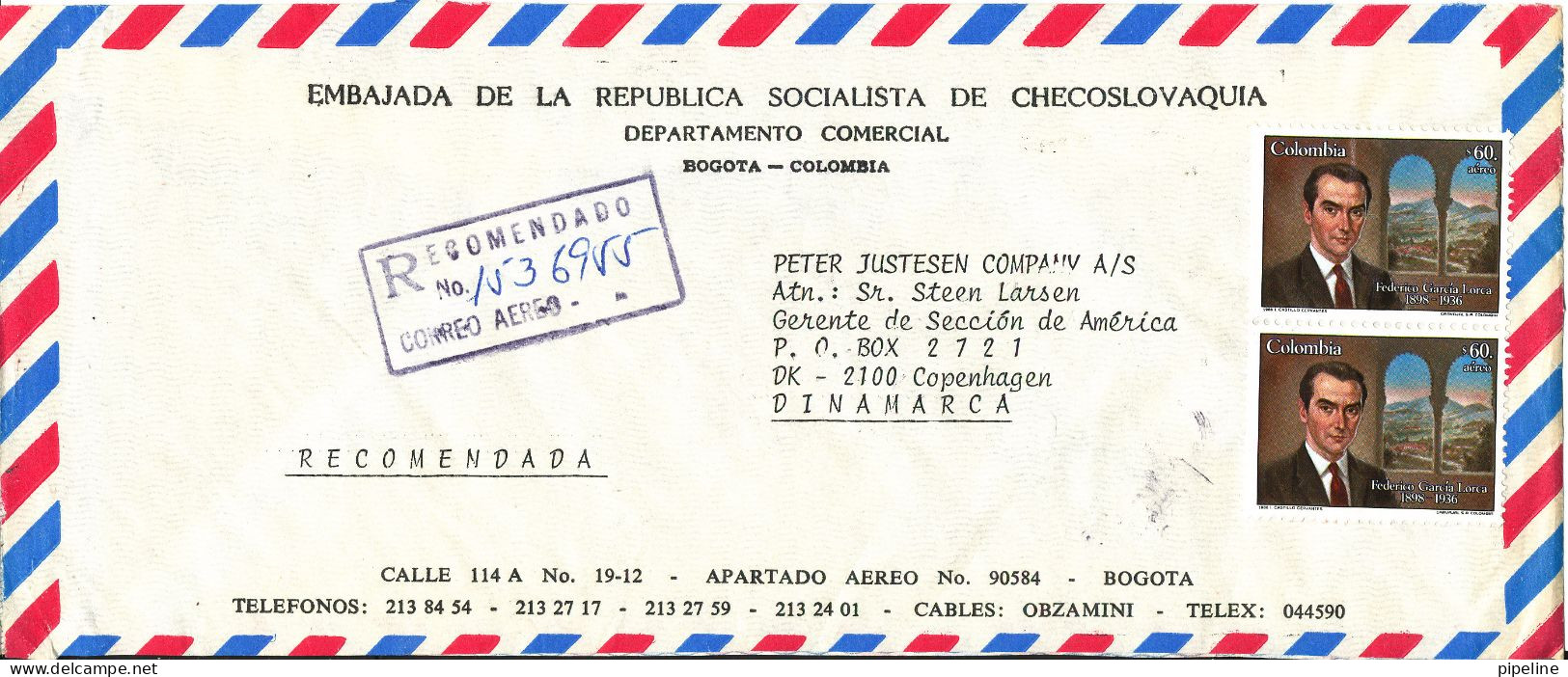 Colombia Registered Air Mail Cover Sent To Denmark 23-12-1986 Topic Stamps From The Embassy Of Czechoslovakia Bogota - Bolivie