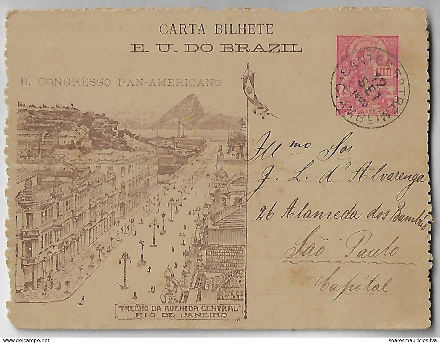 Brazil 1906 Postal Stationery Letter Sheet 3rd Pan-American Congress Central Avenue In RJ Perforation 6¾ Railway Cancel - Entiers Postaux
