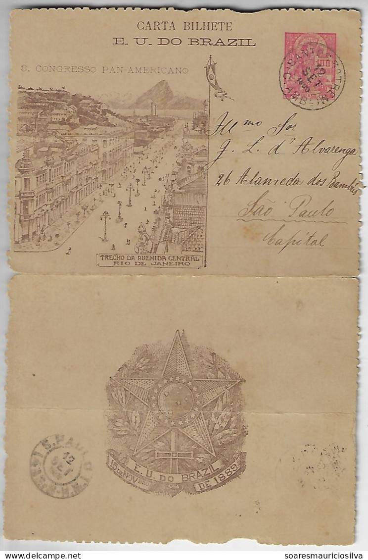 Brazil 1906 Postal Stationery Letter Sheet 3rd Pan-American Congress Central Avenue In RJ Perforation 6¾ Railway Cancel - Enteros Postales