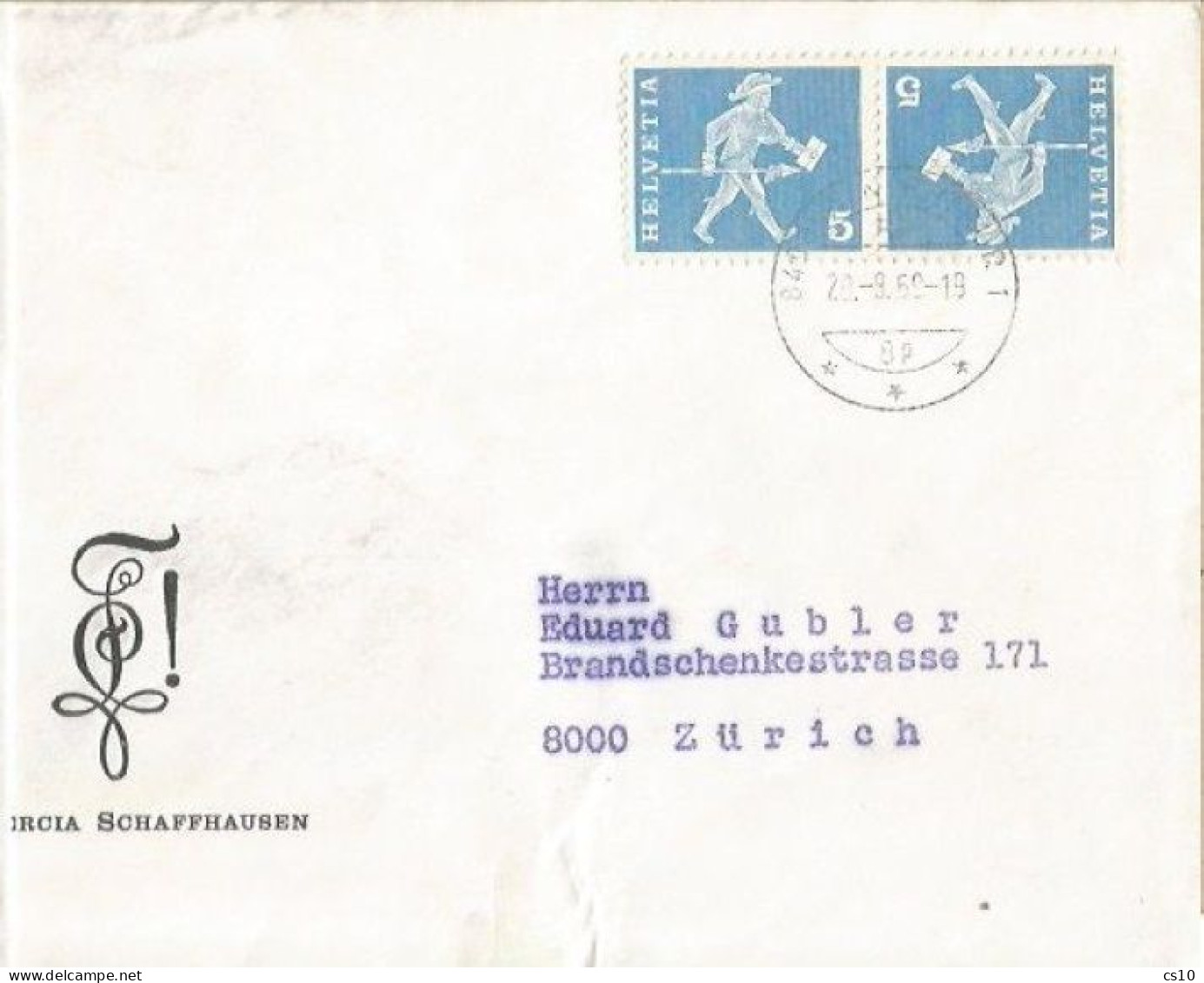 Suisse Tete Beche C.5+c.5 Postman FLUO K45L Simple Franking CV Winterthur 29aug1969 X Zurich - Marcophilie