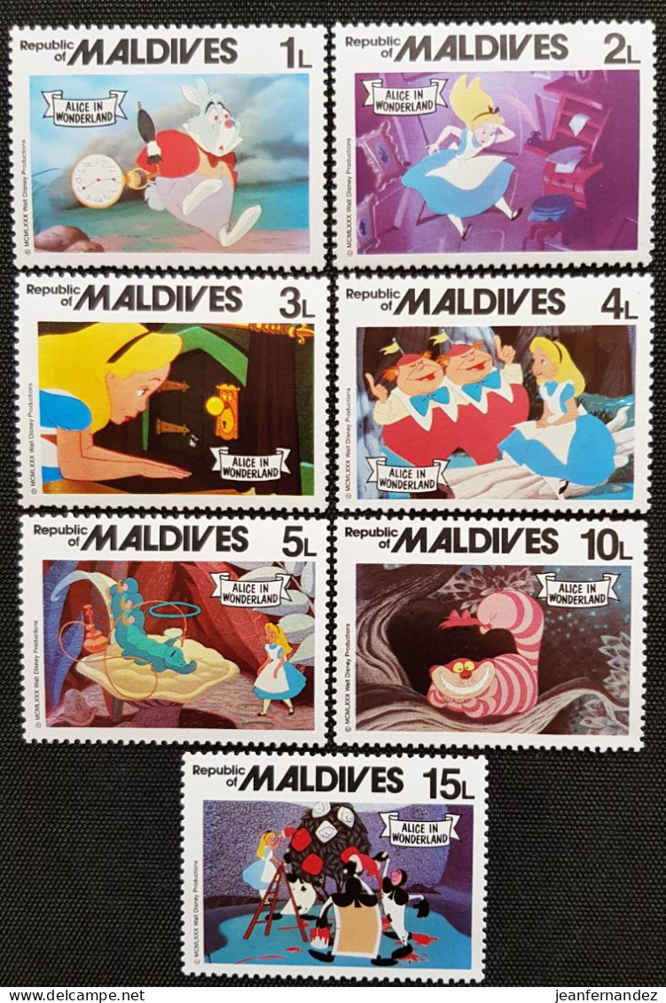 Maldives 1980 Walt Disney's "Alice In Wonderland"  Stampworld N° 909 à 915 - Maldiven (1965-...)