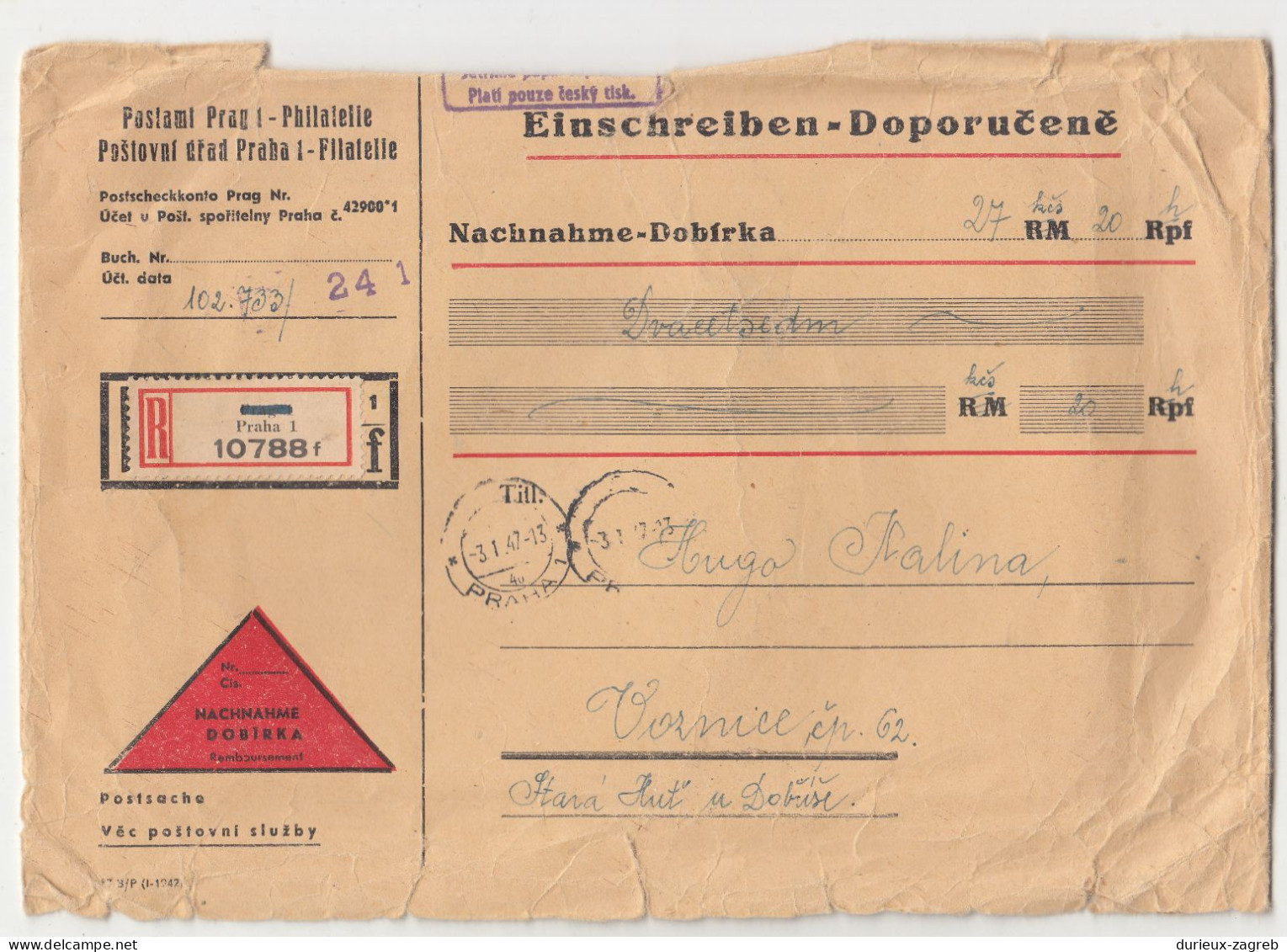 Czechoslovakia Value Letter Cover Posted Registered 1947 Prague B240401 - Brieven En Documenten