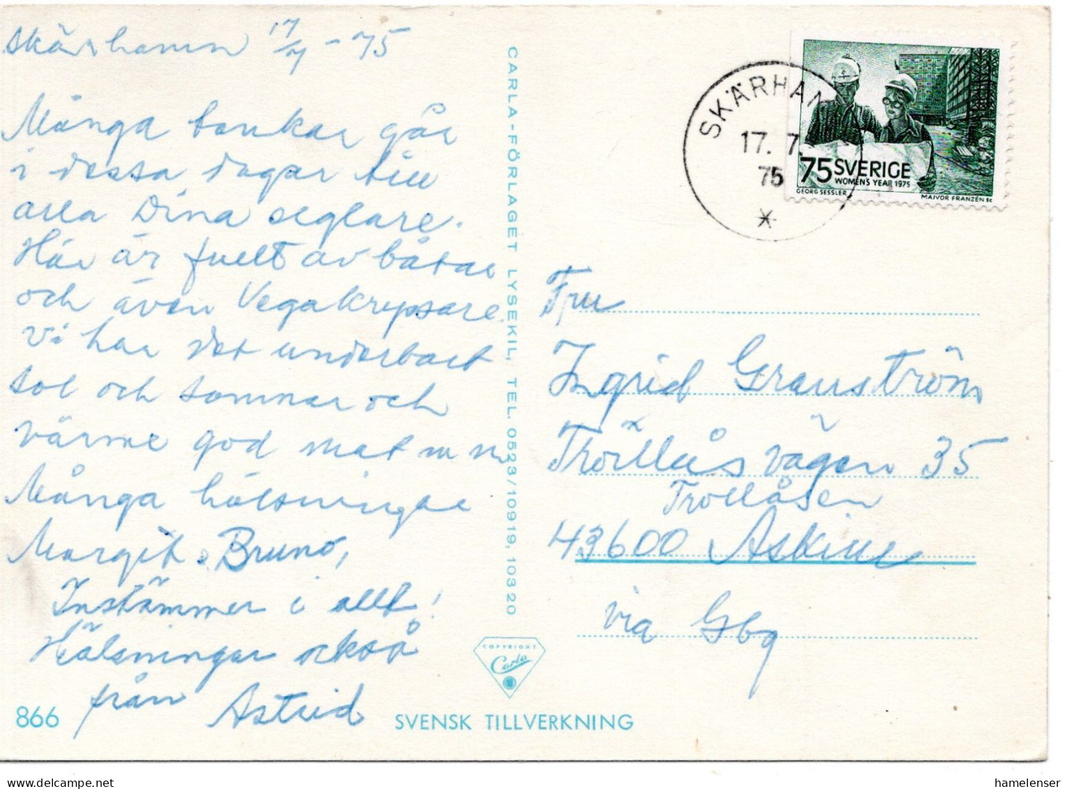 76606 - Schweden - 1975 - 75o. Jahr Der Frau EF A AnsKte SKAERHAMN -> Askins - Storia Postale