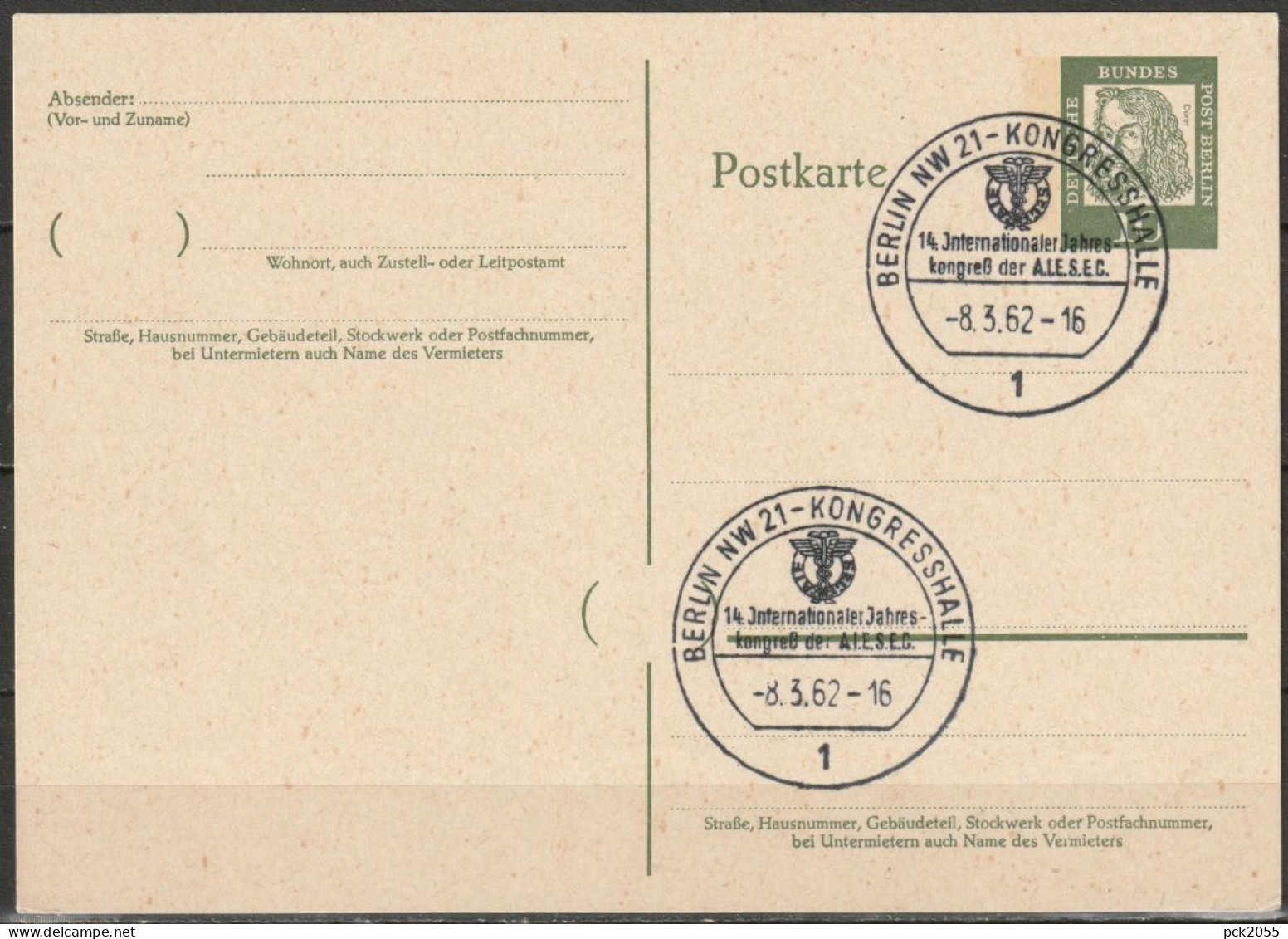 Berlin Ganzsache 1961 Mi.-Nr. P 51 Sonderstempel BERLIN-Kongresshalle 8.3.62  ( PK 222 ) - Postkarten - Gebraucht