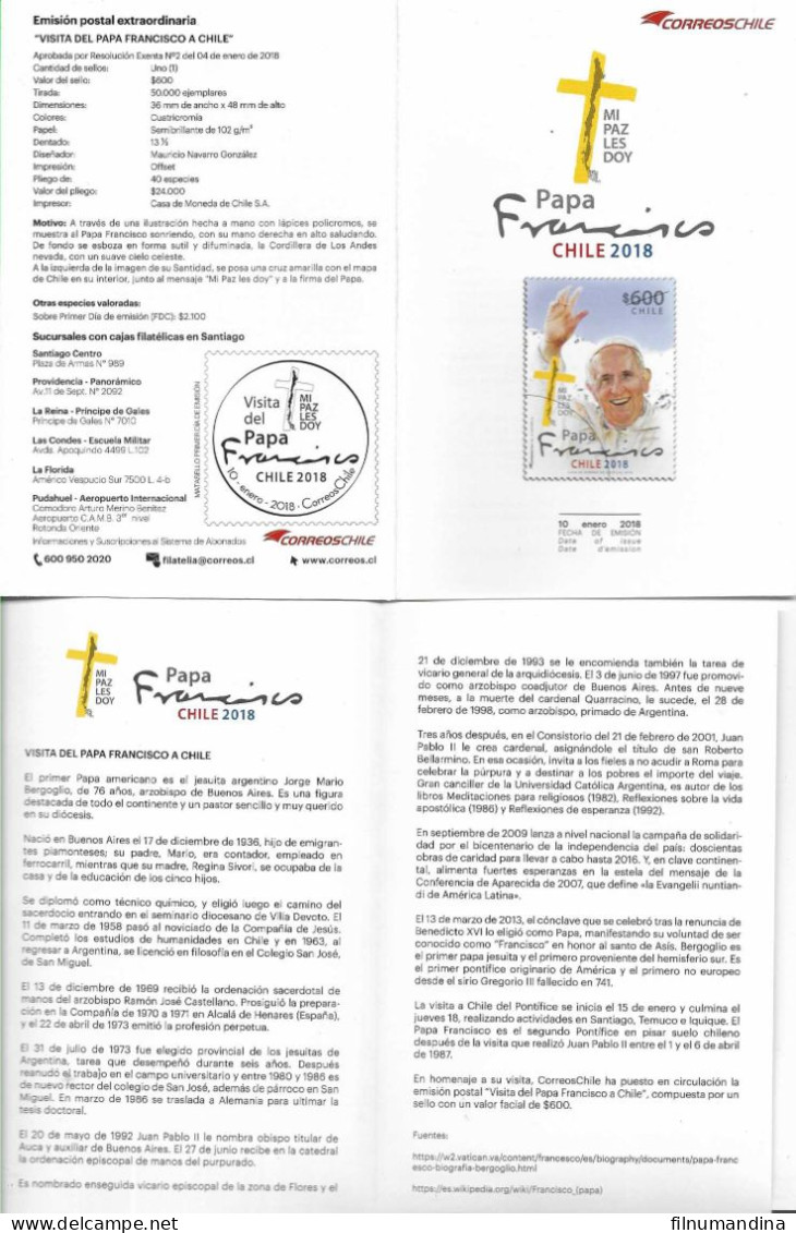 #2611 CHILE 2018 RELIGION POPE FRANCIS YV 2132 OFFICIAL POST BROCHURE - Cile