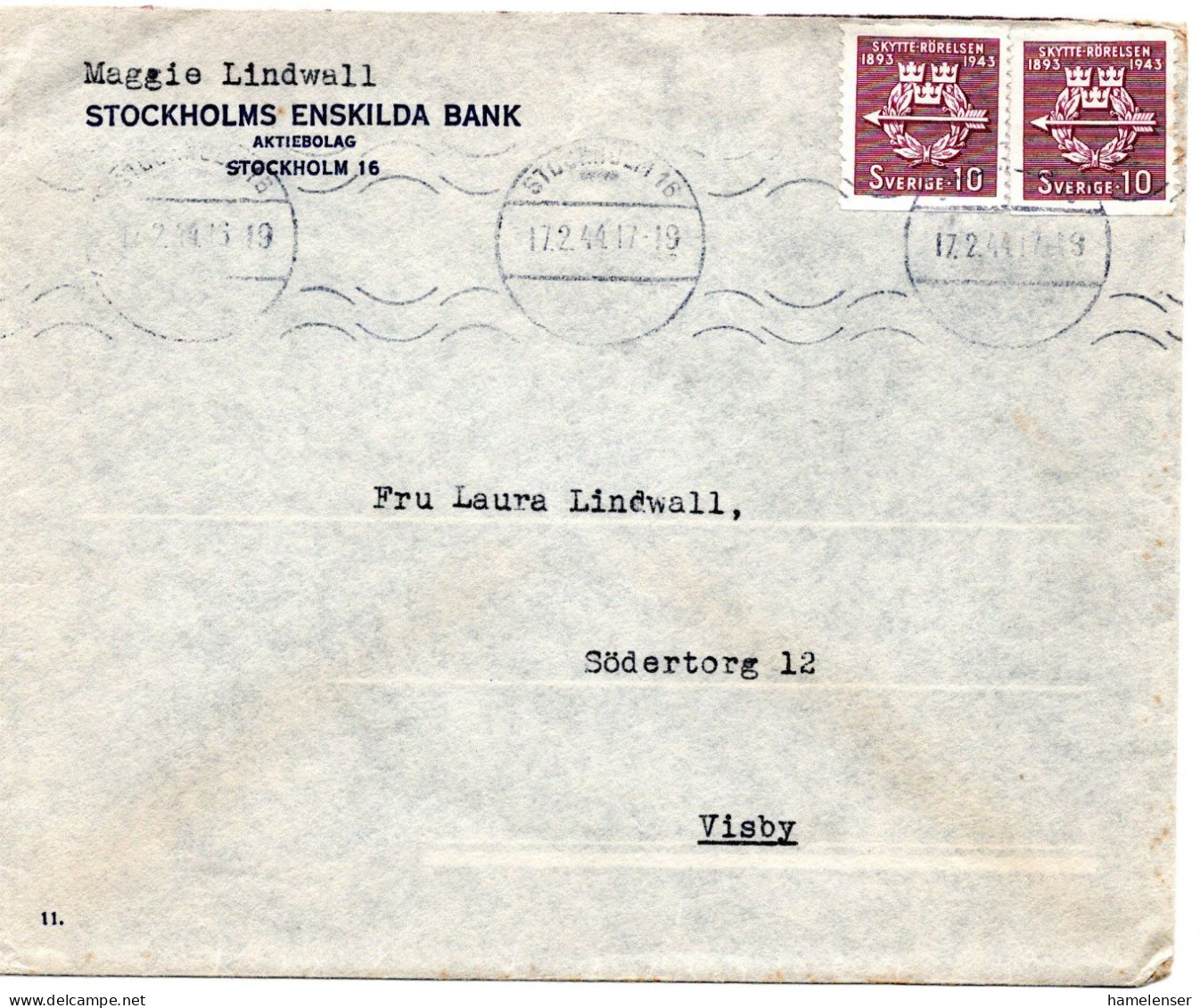76608 - Schweden - 1944 - 2@10o. Schuetzenbewegung A Bf STOCKHOLM -> Visby - Briefe U. Dokumente