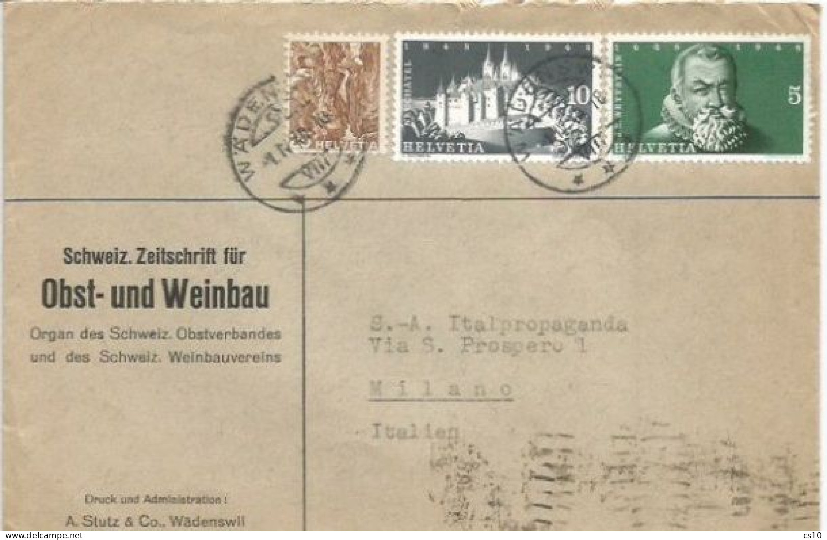 Suisse Wadenswil 1apr1948 CV To Italy With Constitution C5+c10+ Landscapes C.25 Gaufré !!!! - Marcophilie