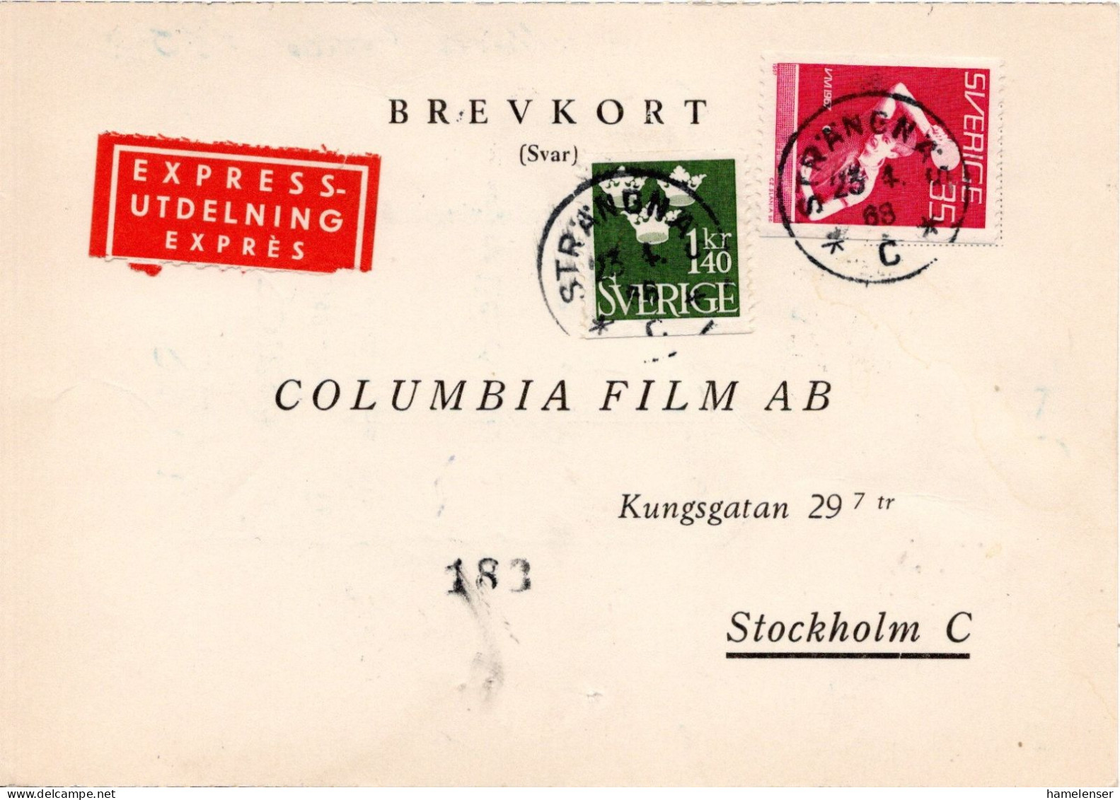 76609 - Schweden - 1968 - 1,40Kr Wappen MiF A EilKte STRAENGENAES -> Stockholm - Briefe U. Dokumente