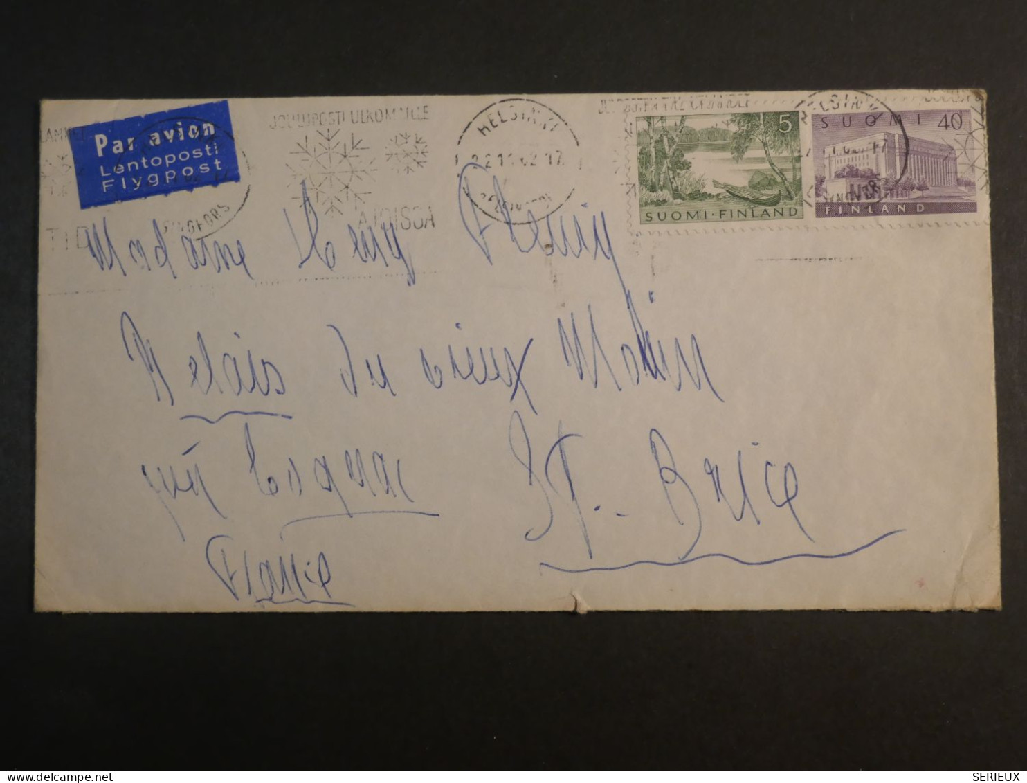 DM 21 SUOMI  BELLE  LETTRE  1962  HELSINSKI A ST BRICE FRANCE++ AFF. INTERESSANT+ - Cartas & Documentos