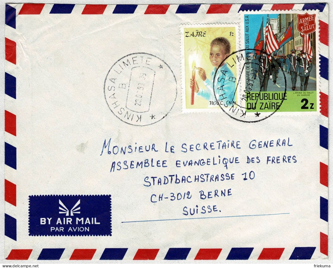 Zaire 1983, Luftpostbrief Kinshasa Limete - Bern (Schweiz), Armée Du Salut / Heilsarmée / Salvation Army - Storia Postale