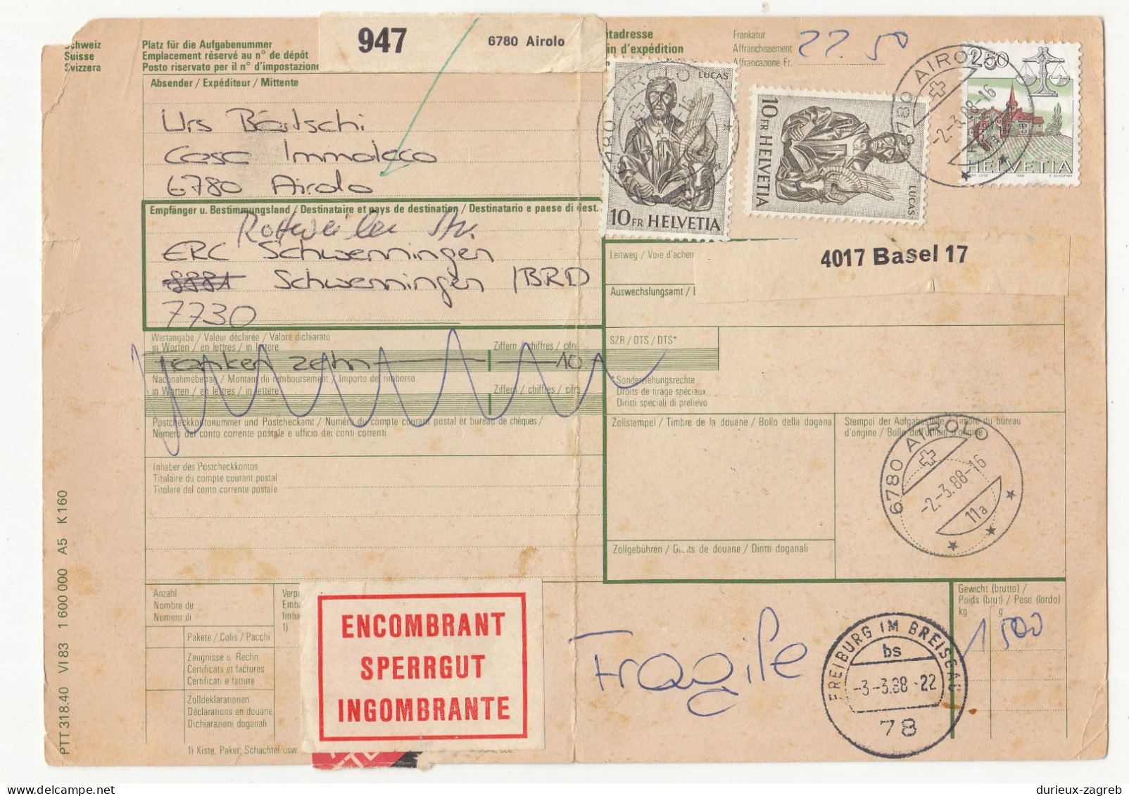 Switzerland Parcel Card 1988 Airolo - Encombrant Sperrgut Ingombrante Sticker B240401 - Storia Postale