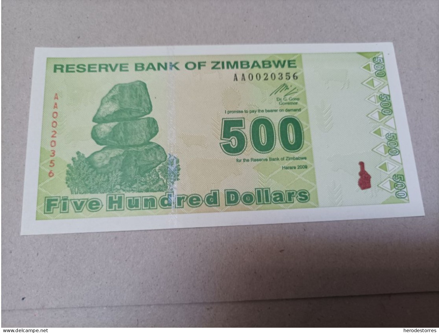 Billete Zimbabwe, 500 Dólares, Año 2009, Serie AA, Nº Bajisimo, UNC - Zimbabwe