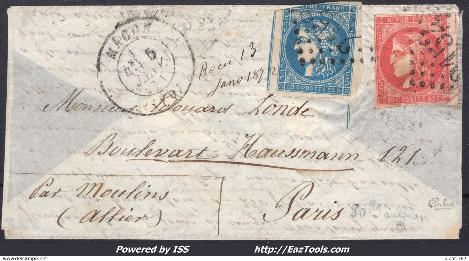 FRANCE N°45+49e SUR BOULE DE MOULINS AVEC GC 2152 MACON + CAD DU 05/01/1871 RRR - 1870 Emisión De Bordeaux