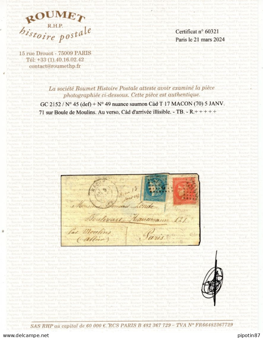FRANCE N°45+49e SUR BOULE DE MOULINS AVEC GC 2152 MACON + CAD DU 05/01/1871 RRR - 1870 Ausgabe Bordeaux