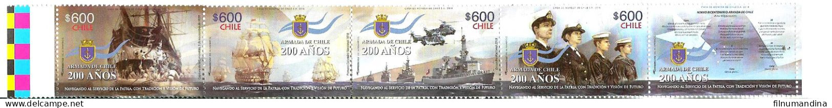 #2612 CHILE 2018 MILITARIA CHILEAN NAVY 200° ANIV SHIPS AIRPLANES STRIP WITH LABEL YV 2134-7 MNH - Cile