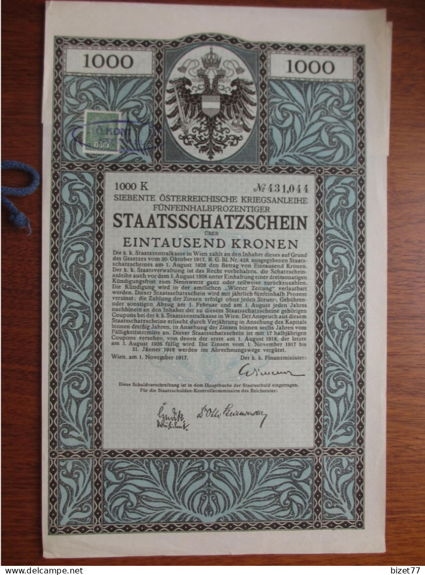 AUTRICHE - WIEN 1917 - EMPRUNT  - TITRE DE  1 000 COURONNES  - DETAIL - VOIR SCAN - Sonstige & Ohne Zuordnung