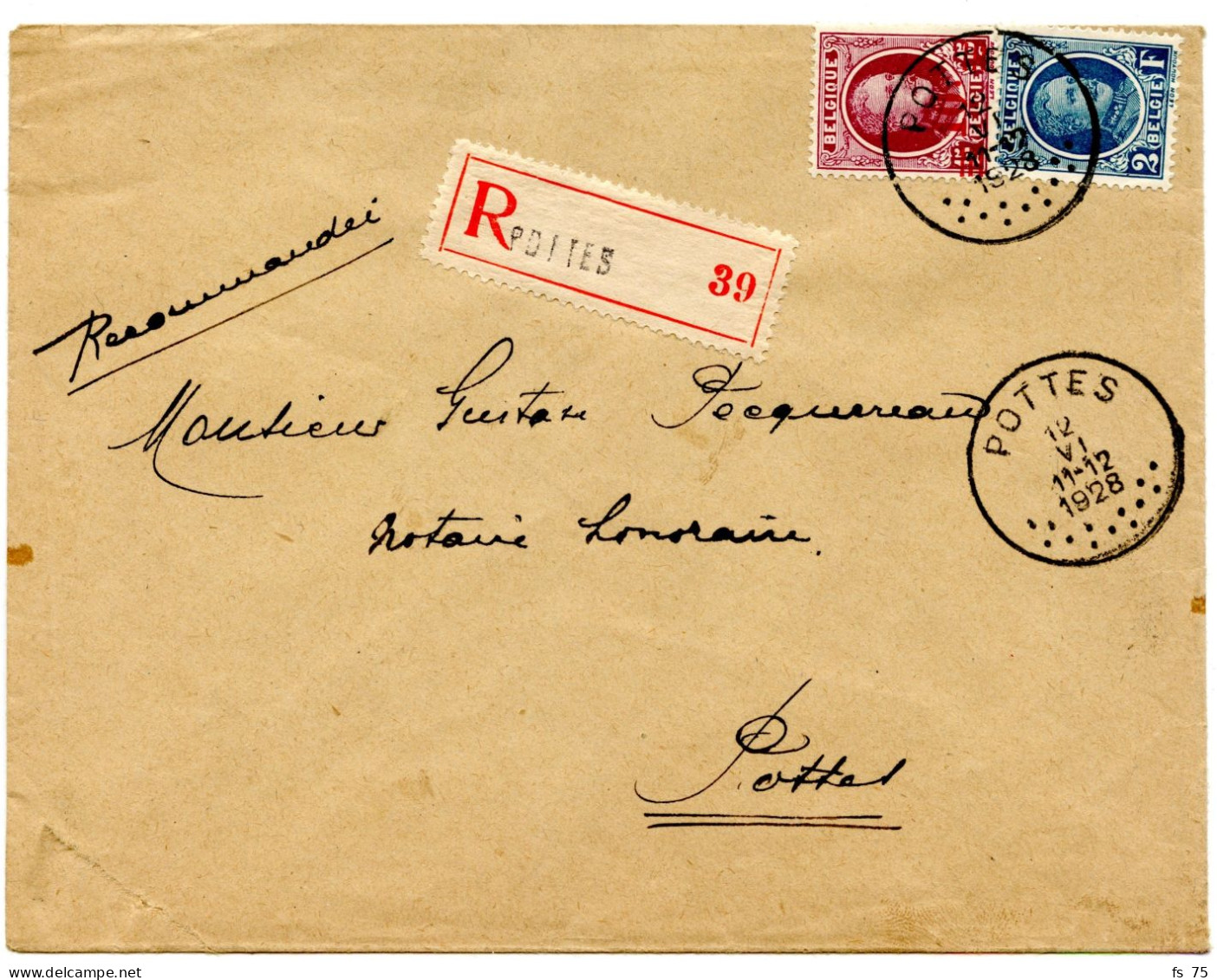 BELGIQUE - COB 208+246 SIMPLE CERCLE POTTES SUR LETTRE RECOMMANDEE, 1928 - Lettres & Documents