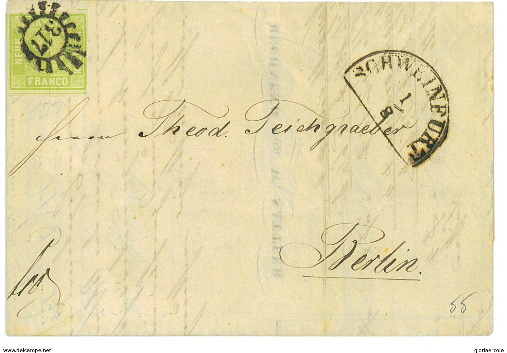 P2867 - BAYERN MICHEL NR. 5 1.8.1854 4 MARGINS LUXUS PIECE, FROM SCHWEINBURG TO BERLIN - Storia Postale