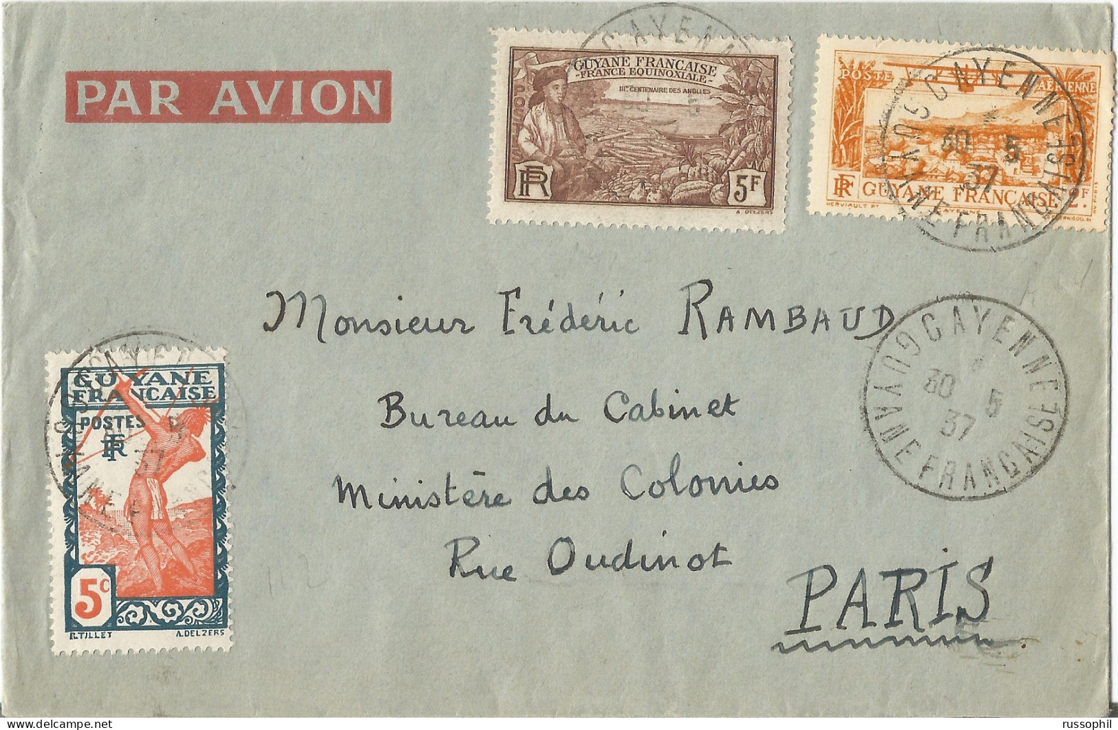 GUYANE - 7 FR.  5 CENT. FRANKING ON AIR MAILED COVER FROM CAYENNE TO FRANCE - 1937 - Storia Postale