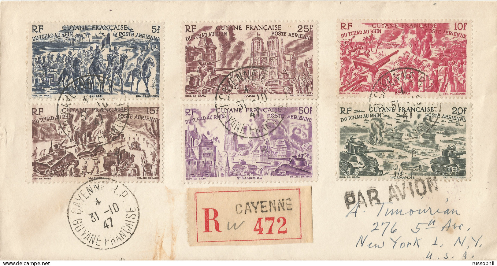 GUYANE - 6 STAMPS 125 FR.  FRANKING ON AIR MAILED REGISTERED COVER FROM CAYENNE TO THE USA - 1947 - Covers & Documents