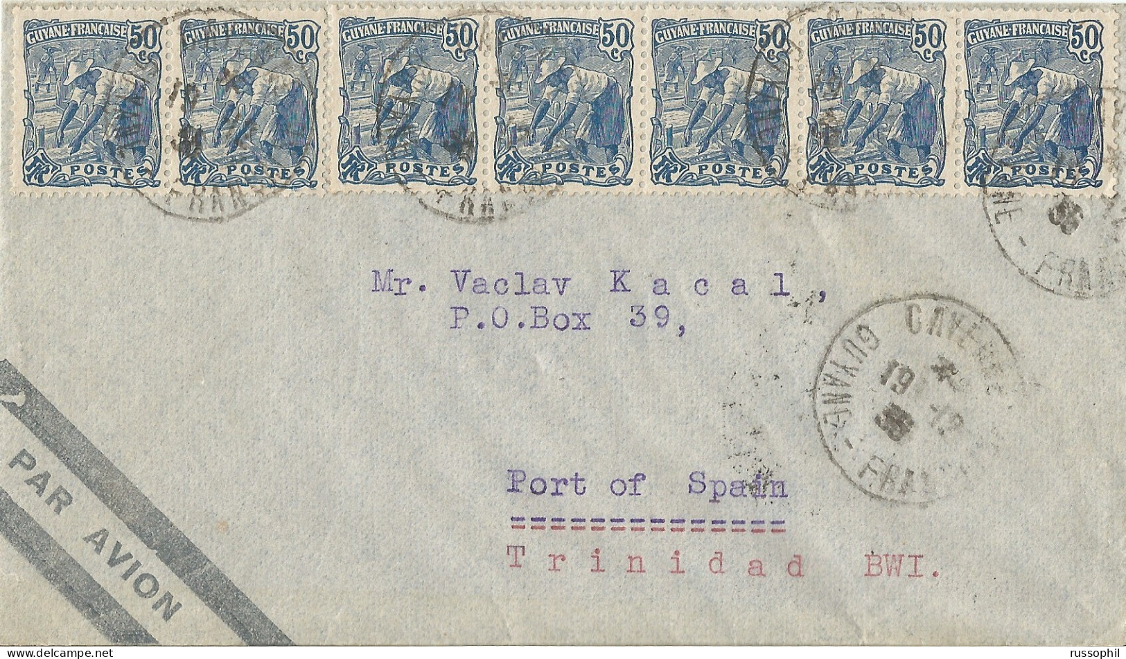 GUYANE - 10 STAMP 5 FR.  FRANKING ON AIR MAILED COVER FROM CAYENNE TO THE BRITISH WEST INDIES / TRINIDAD - 1966 - Brieven En Documenten