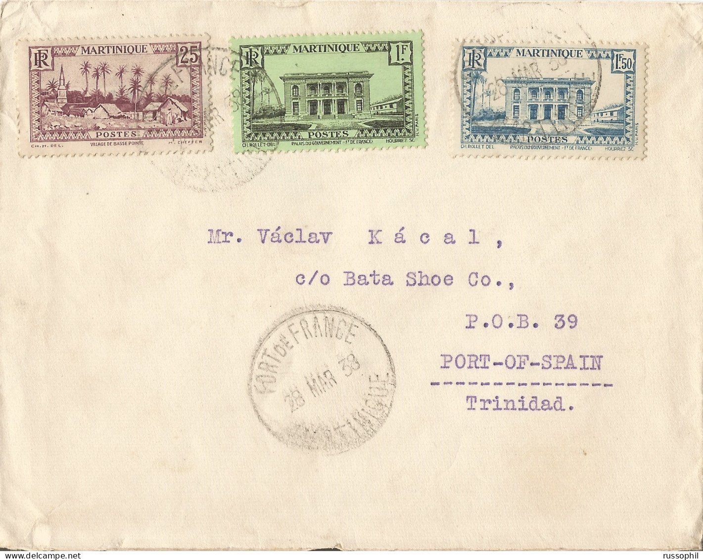 MARTINIQUE - 2 FR.  75 CENT. FRANKING ON COVER FROM FORT DE FRANCE TO TRINIDAD - BATA SHOES - 1938 - Lettres & Documents