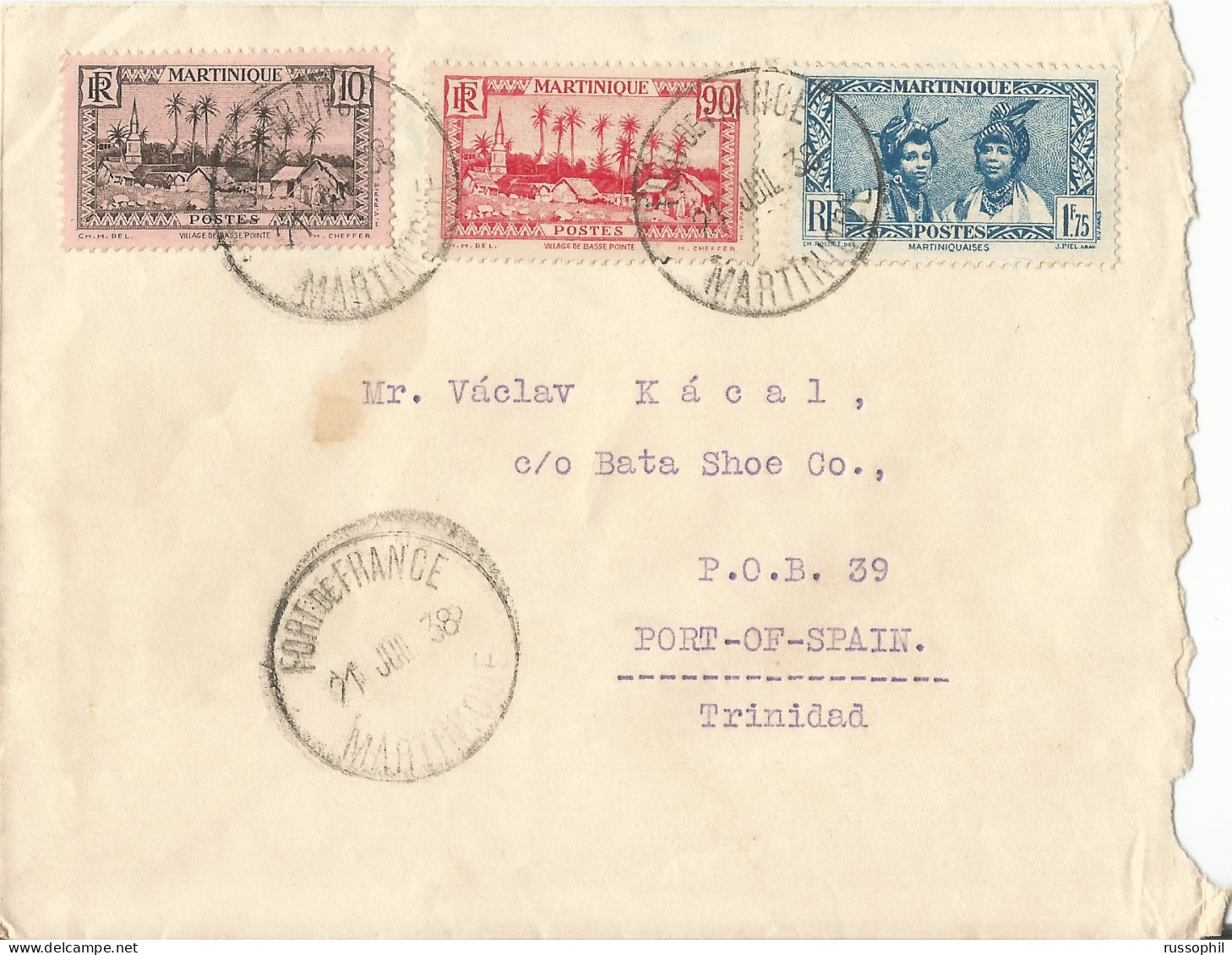 MARTINIQUE - 2 FR.  75 CENT. FRANKING ON COVER FROM FORT DE FRANCE TO TRINIDAD - BATA SHOES - 1938 - Brieven En Documenten