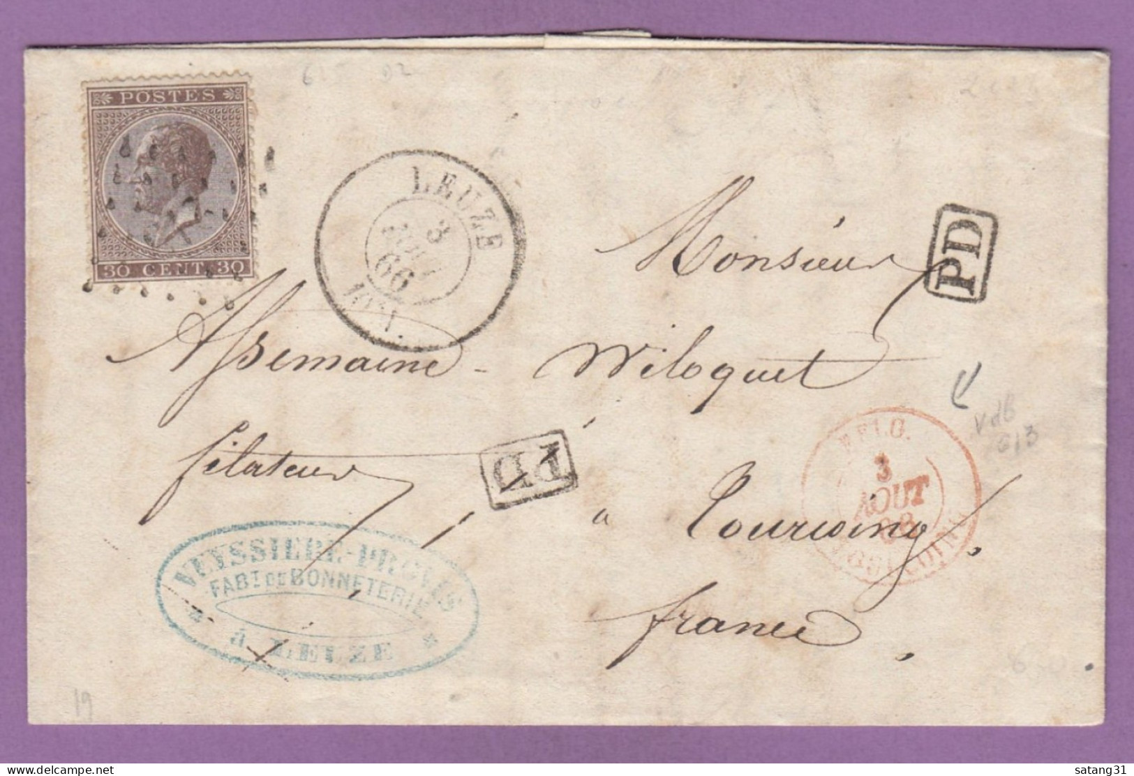 LETTRE D'UNE FABRIQUE DE BONNETERIE A LEUZE,AVEC COB NO 19, POUR TOURCOING,CACHET "FRANCE PAR TOURNAY,1866. - 1865-1866 Profile Left