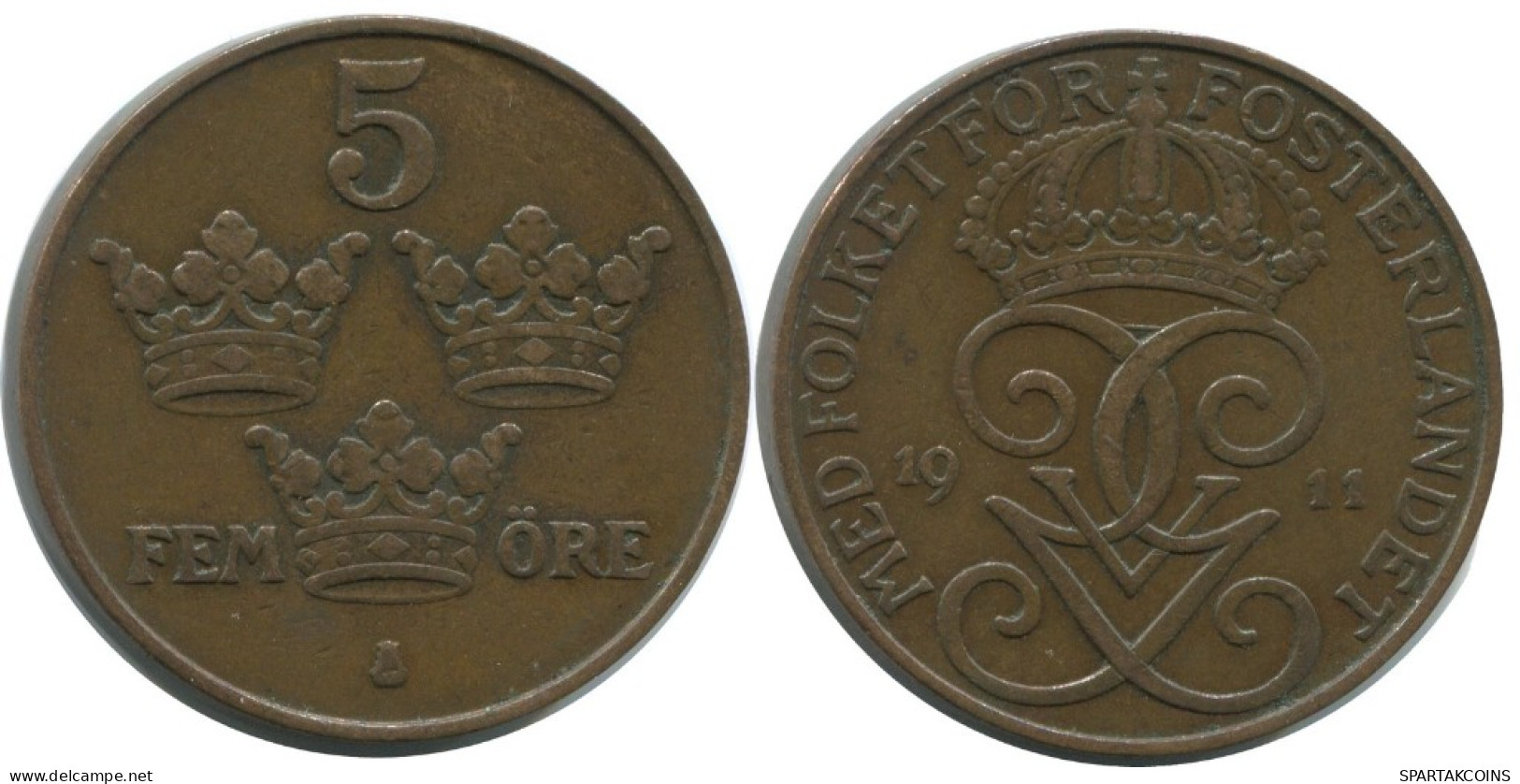5 ORE 1911 SWEDEN Coin #AC455.2.U.A - Suède