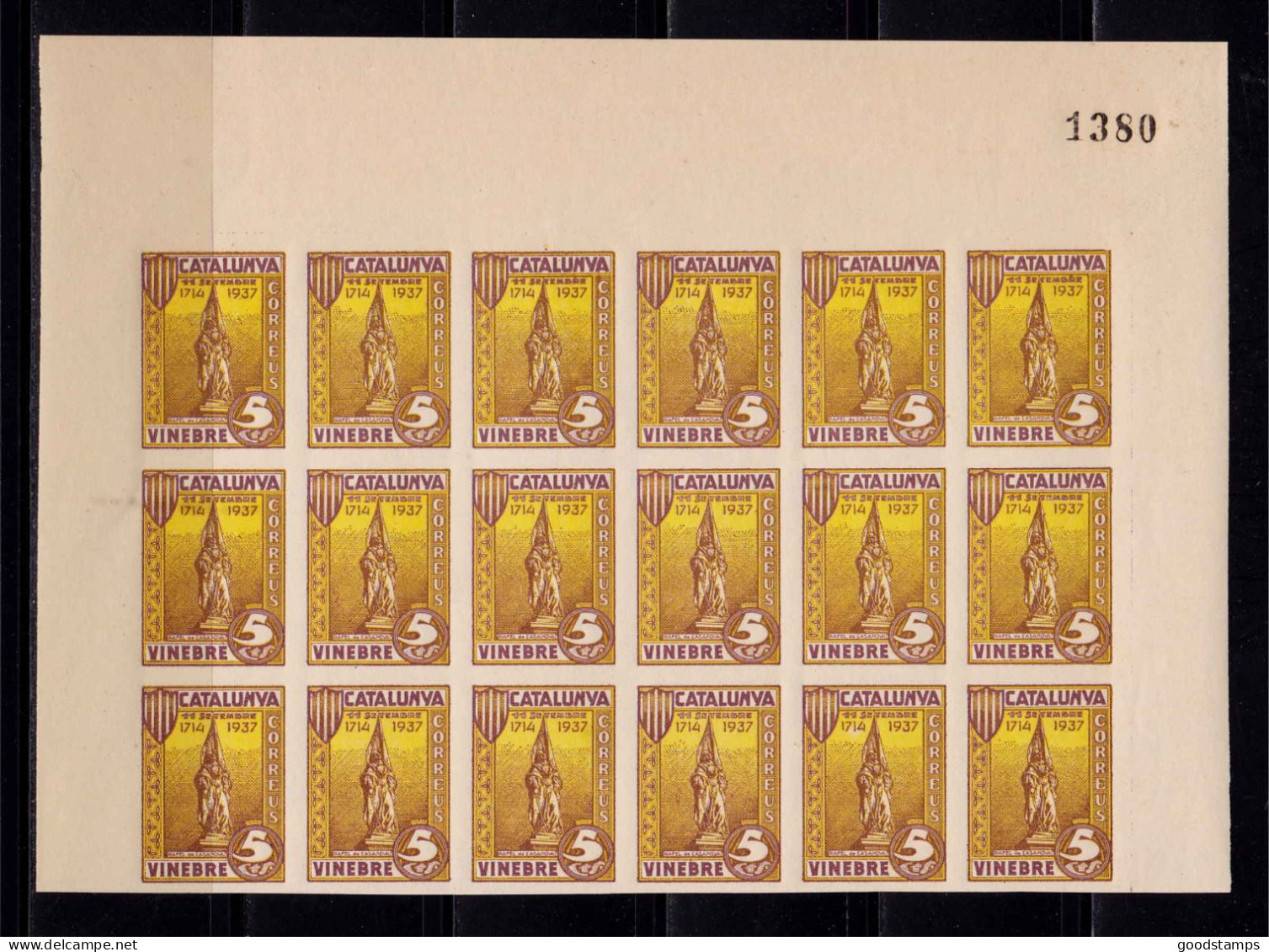 Catalonia 1937 Block - Spain Civil War, Rafael Local Series Block Of 18, Inperforated, Verged Paper, Brown/yellow, MNH - Vignettes De La Guerre Civile