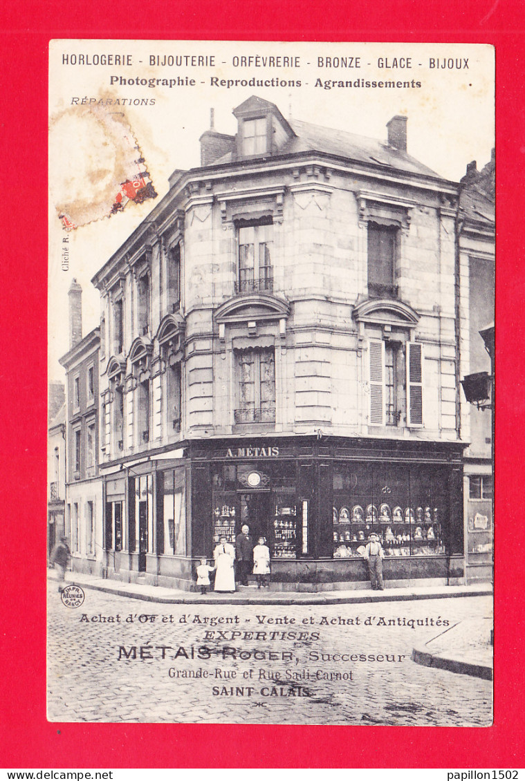 F-72-Saint Calais-09Ph90  Grande Rue Et Rue Sadi Carnot, Façade De L'horlogerie Metais Roger, Cpa  - Saint Calais