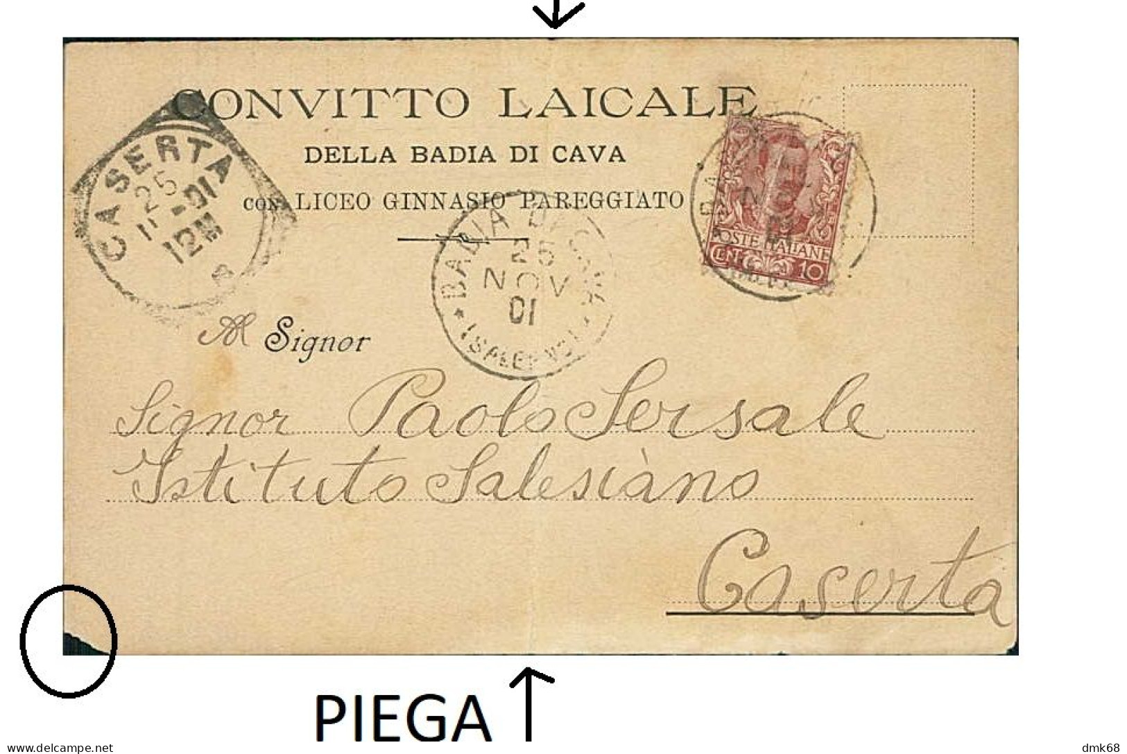 CAVA DEI TIRRENI ( SALERNO ) CONVITTO LAICALE DELLA BADIA DI CAVA CON LICEO GINNASIO PAREGGIATO - SPEDITA 1901 (20438) - Cava De' Tirreni