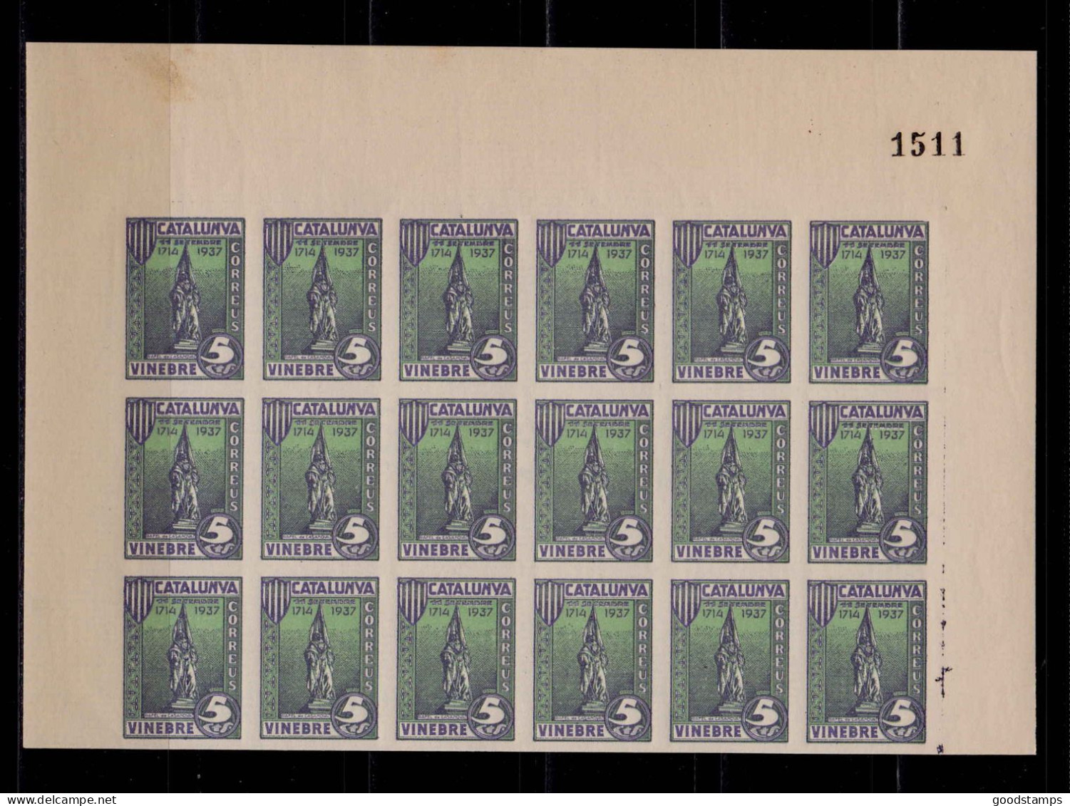 Catalonia 1937 Block - Spain Civil War, Rafael Local Series Block Of 18, Inperforated, Verged Paper,green/blue, MNH - Vignettes De La Guerre Civile