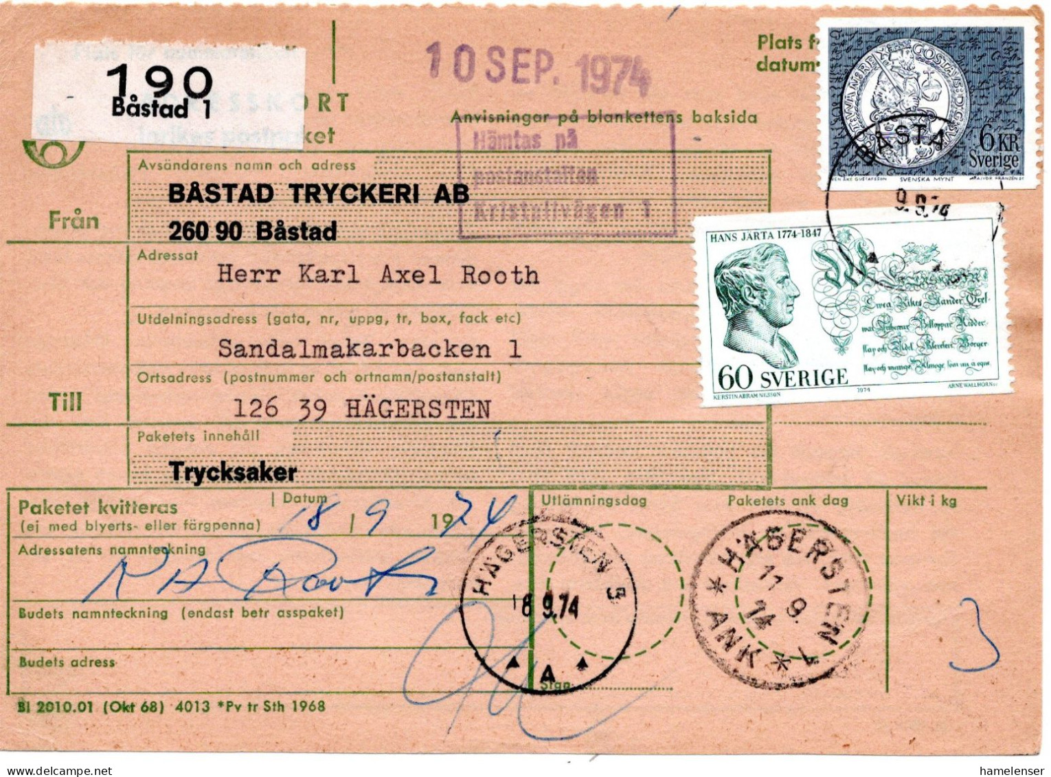 76612 - Schweden - 1974 - 6Kr Muenze MiF A PaketKte BASTAD -> HAEGERSTEN - Cartas & Documentos