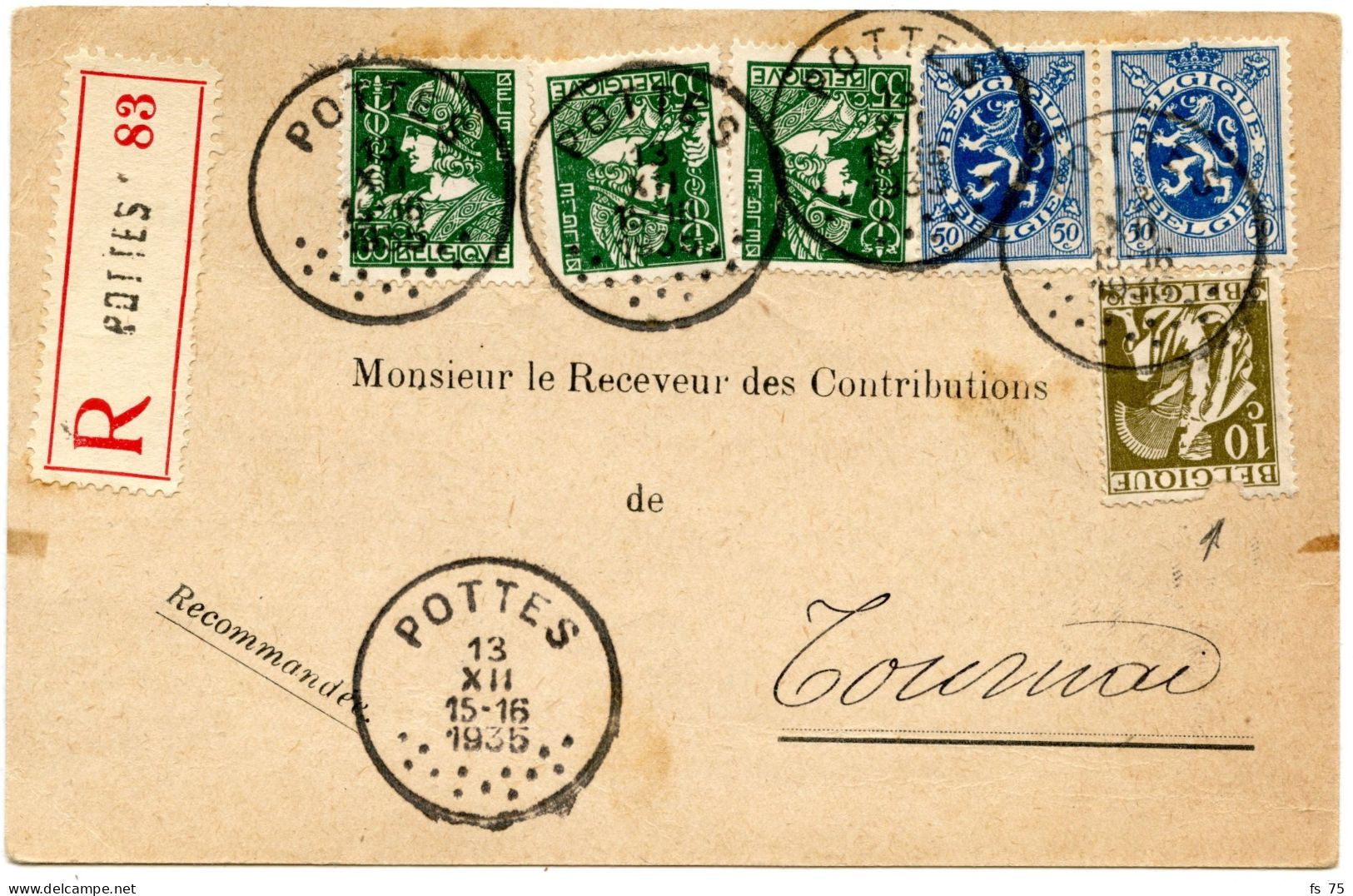 BELGIQUE - COB 285X2+337+340X3  SIMPLE CERCLE POTTES SUR CARTE POSTALE COMMERCIALE RECOMMANDEE, 1935 - Lettres & Documents