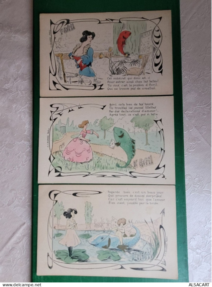 Premier Avril , Poisson, 3 Cartes Illustrateur  FJ RICHARD  , Art Nouveau - April Fool's Day