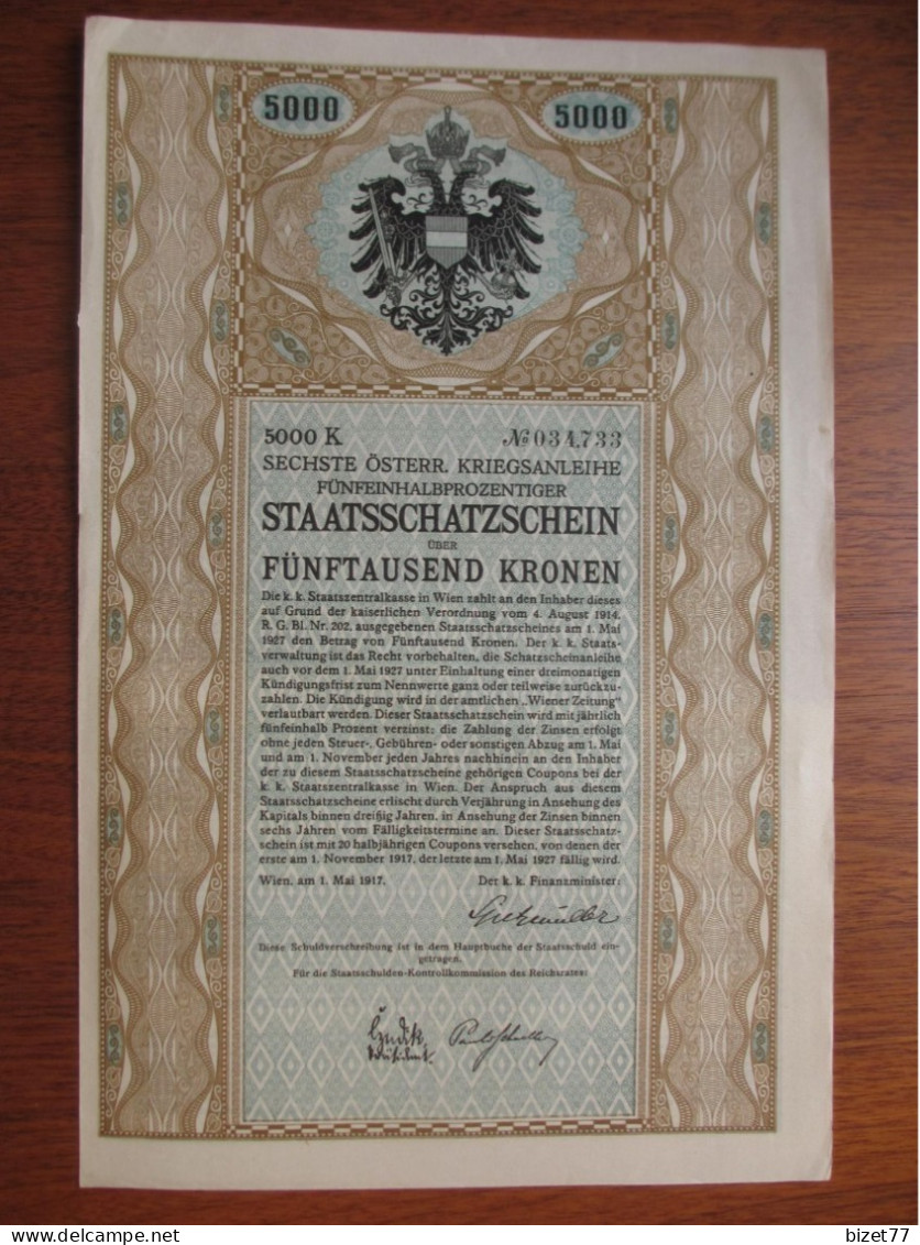 AUTRICHE - WIEN 1917 - EMPRUNT  - TITRE DE 5 000 COURONNES  - DETAIL - VOIR SCAN - Sonstige & Ohne Zuordnung