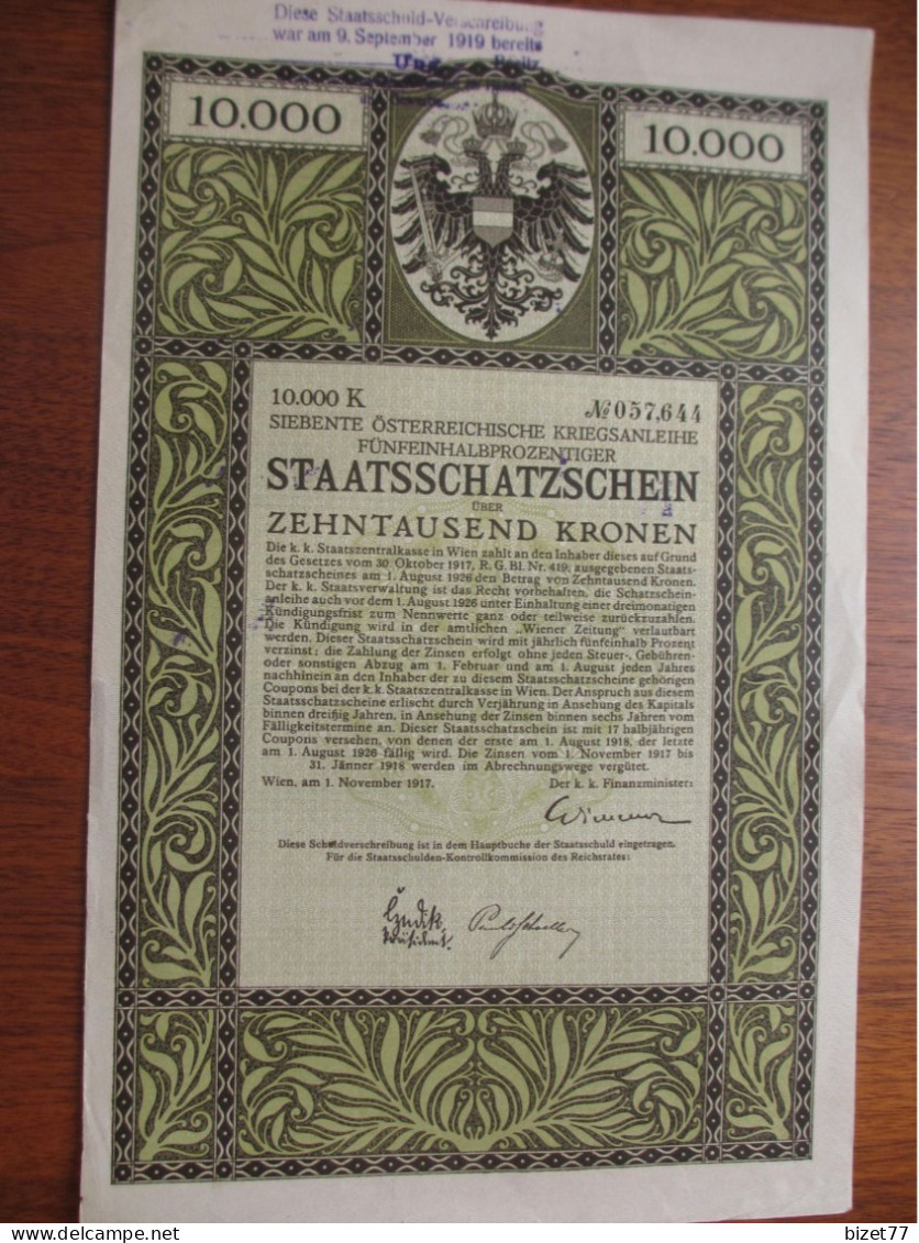 AUTRICHE - WIEN 1917 - EMPRUNT  - TITRE DE 10 000 COURONNES  - DETAIL - VOIR SCAN - Autres & Non Classés
