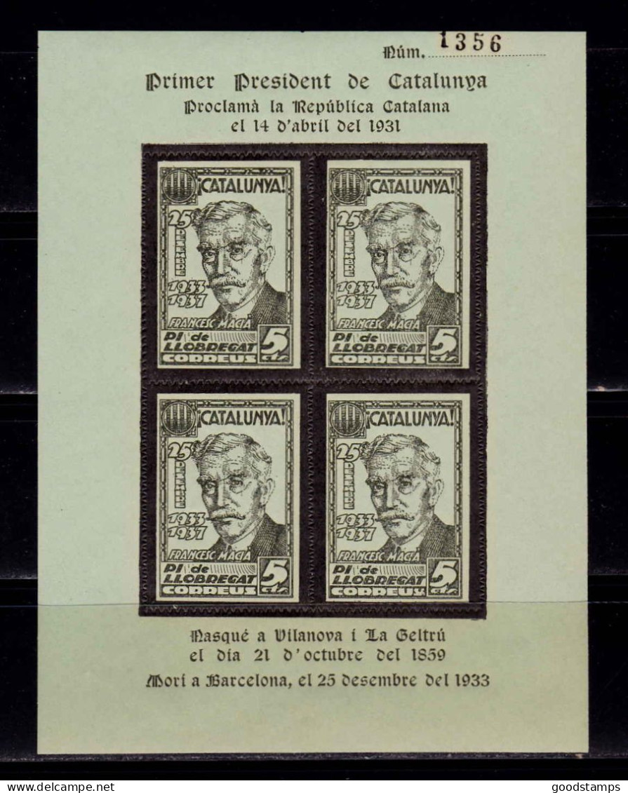 Catalonia 1937 Block - Spain Civil War, Local Issue First President - Francesc Macia / Black, MNH - Vignettes De La Guerre Civile