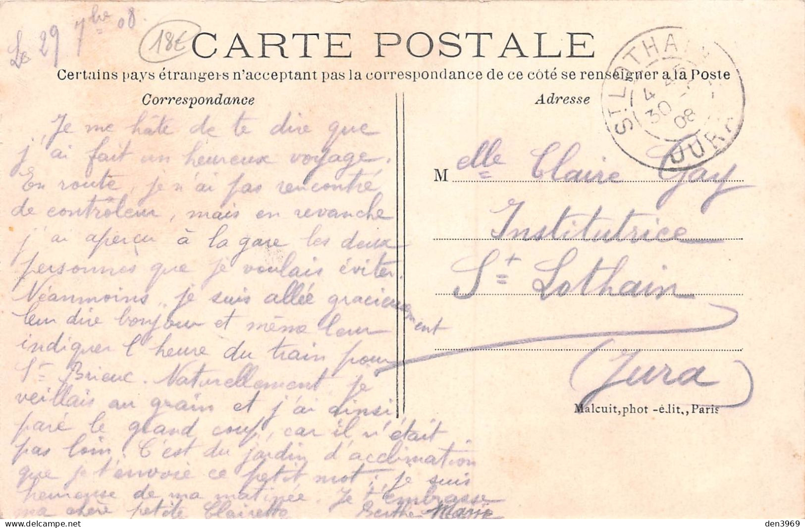 PUTEAUX (Hauts-de-Seine) - La Rue De Paris - Pharmacie, Hôtel - Voyagé 1908 (2 Scans) Claire Gay Institutrice St-Lothain - Puteaux