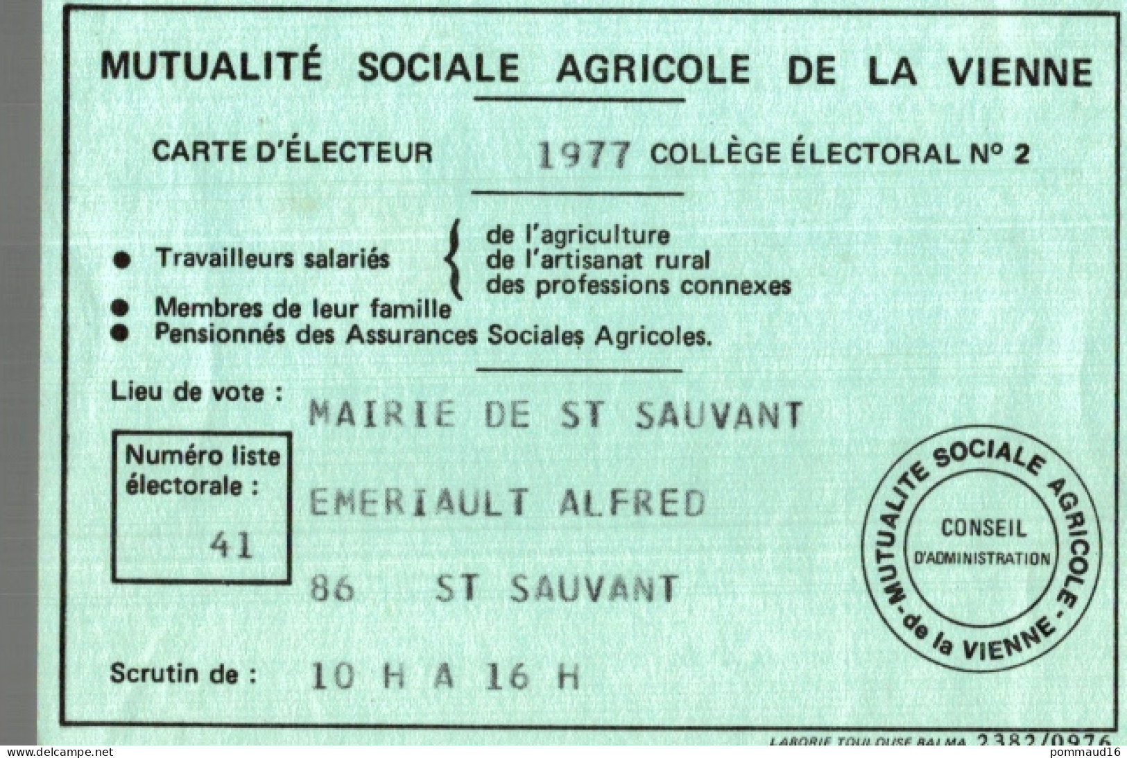 Carte électeur Mutualité Sociale Agricole De La Vienne, 1977 - Unclassified