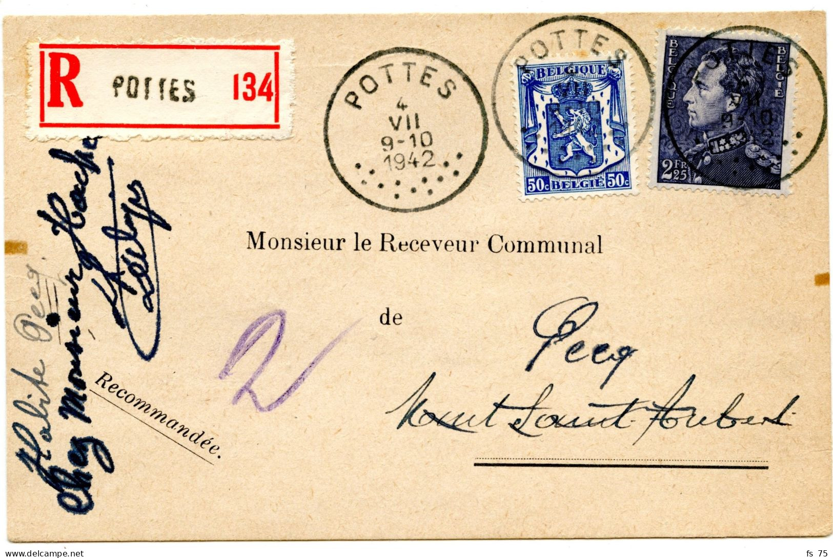 BELGIQUE - COB 426+529  SIMPLE CERCLE POTTES SUR CARTE POSTALE COMMERCIALE RECOMMANDEE, 1942 - Lettres & Documents