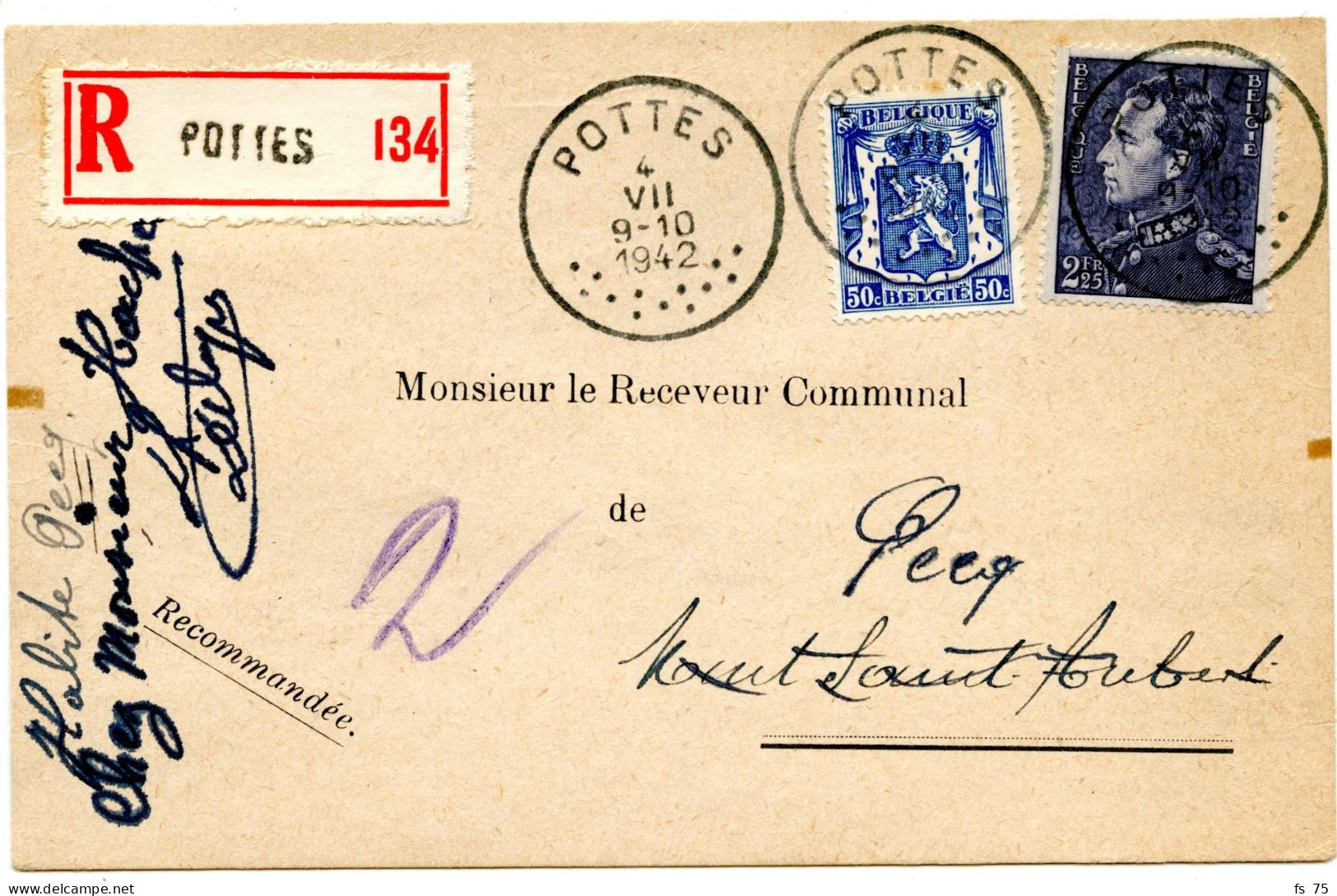 BELGIQUE - COB 426+529  SIMPLE CERCLE POTTES SUR CARTE POSTALE COMMERCIALE RECOMMANDEE, 1942 - Brieven En Documenten