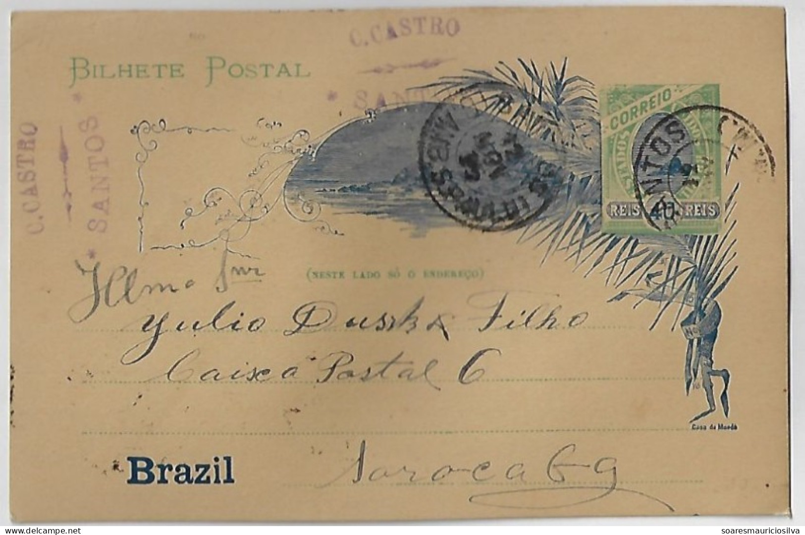 Brazil 1895 Postal Stationery Card Stamp 40 Reis Sent From Santos To Sorocaba Railroad Cancel Ambulant S. Paulo - Postwaardestukken